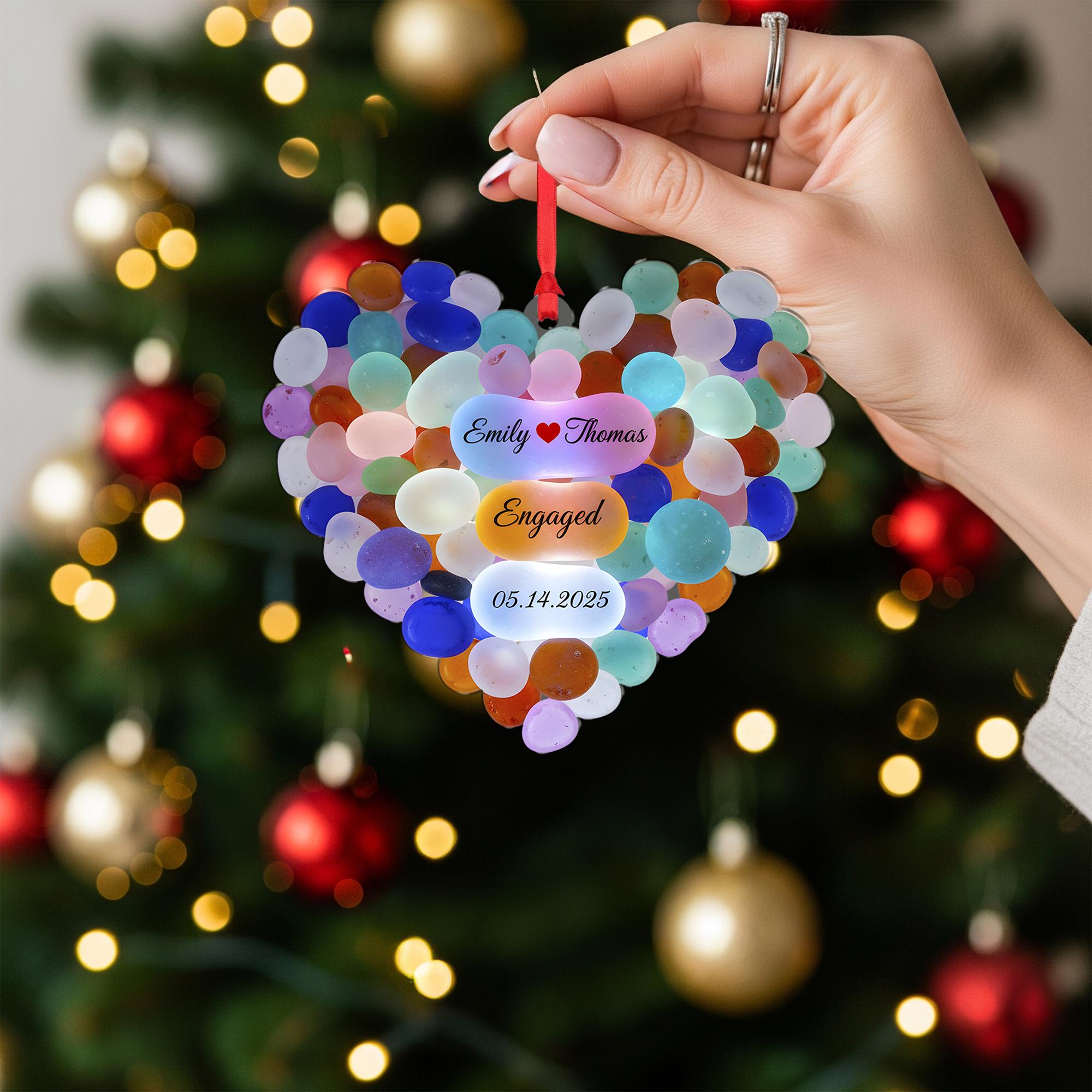Personalized Heart Engagement Ornament, Colorful Stone, Custom Names and Date