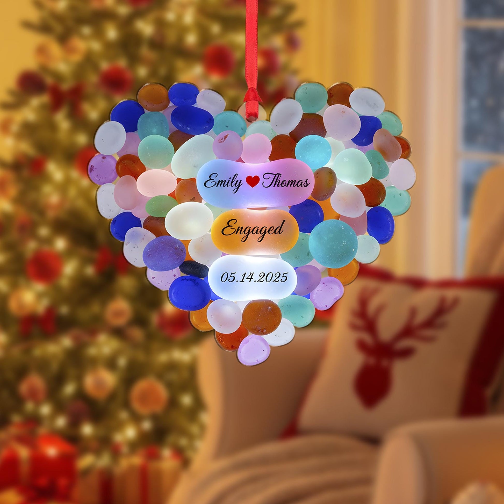 Personalized Heart Engagement Ornament, Colorful Stone, Custom Names and Date