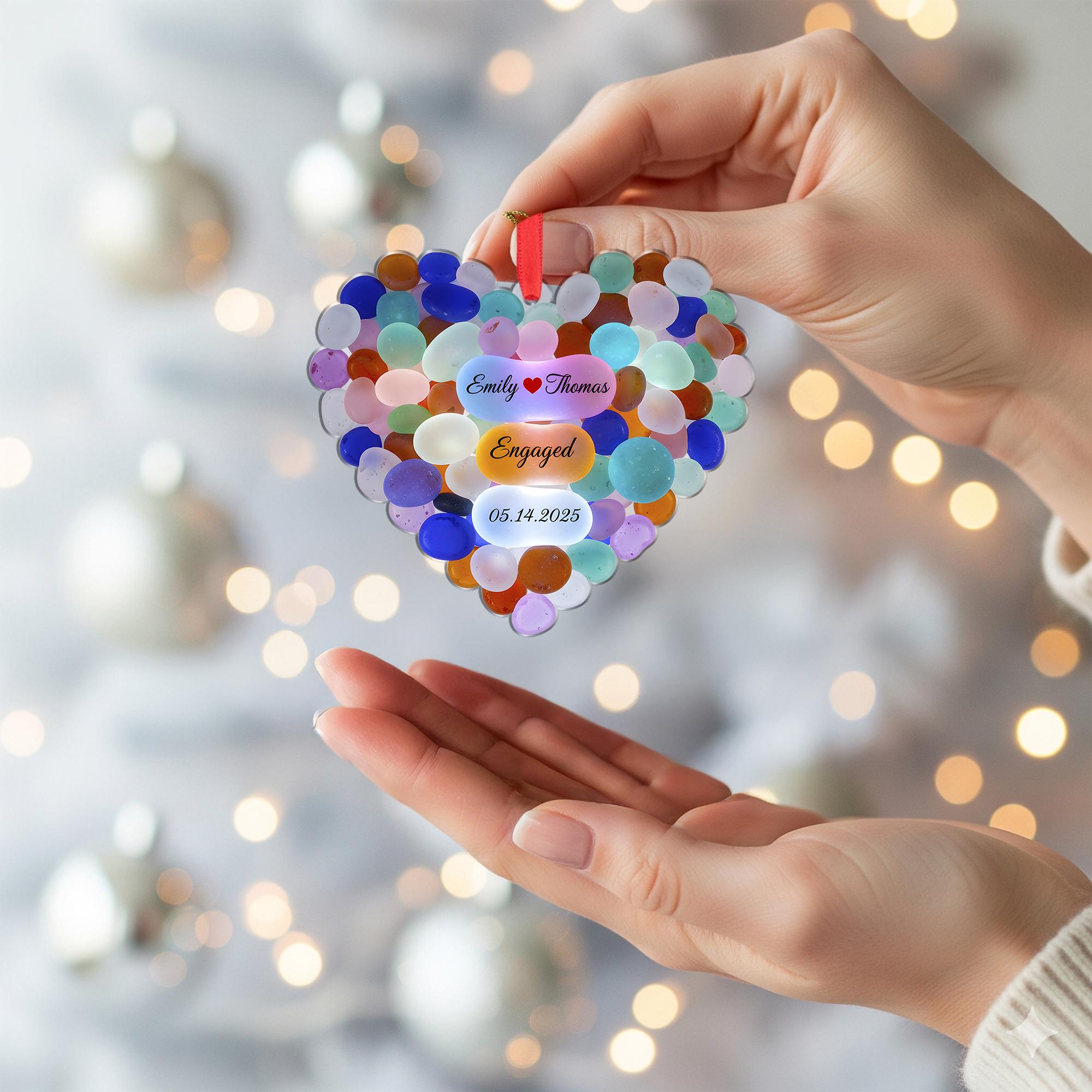 Personalized Heart Engagement Ornament, Colorful Stone, Custom Names and Date