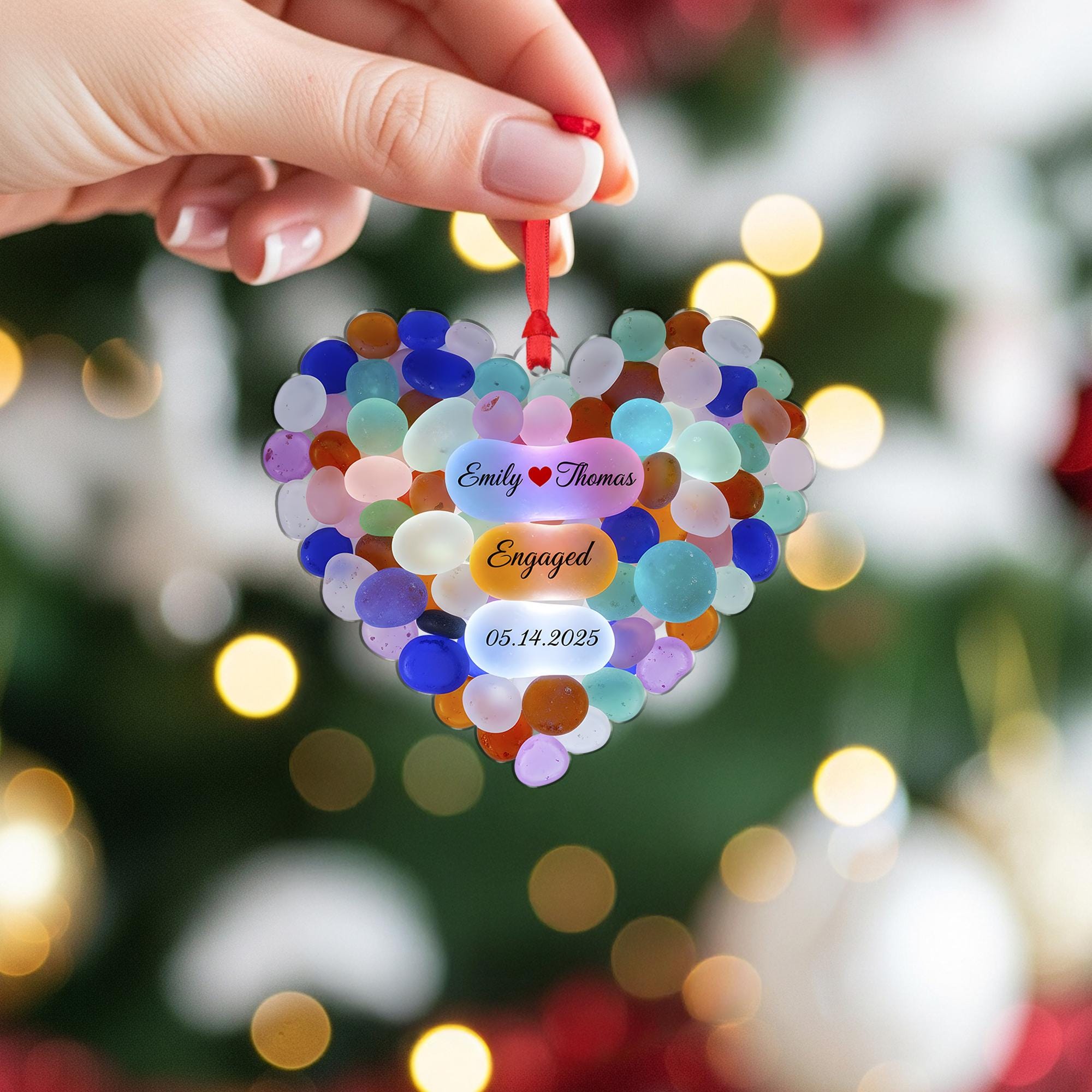 Personalized Heart Engagement Ornament, Colorful Stone, Custom Names and Date
