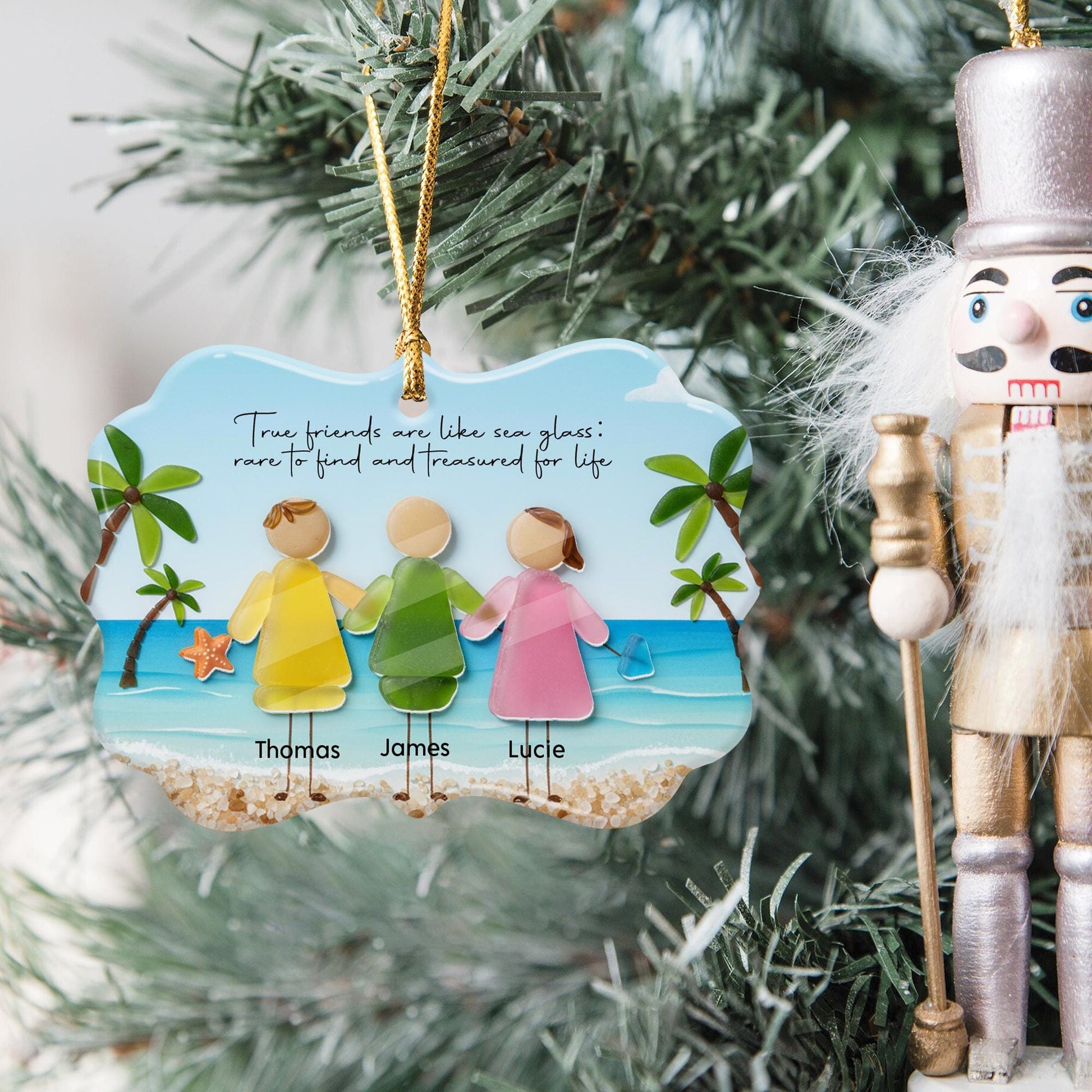 Custom Friends Ceramic Ornament with Acrylic Accent: Beach Scene Personalized Summer Decor