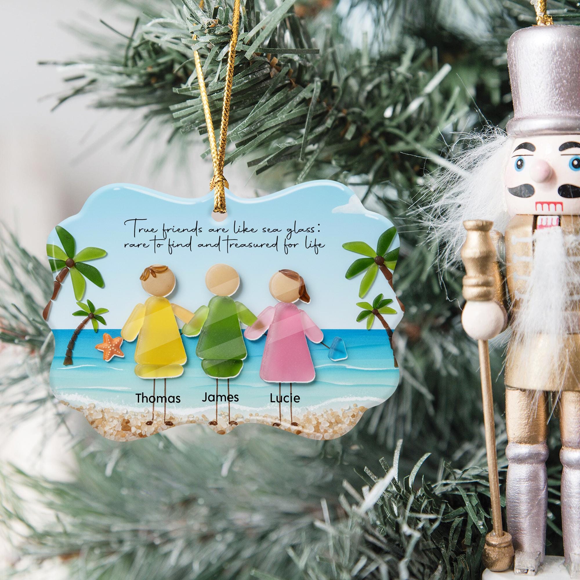 Custom Friends Ceramic Ornament with Acrylic Accent: Beach Scene Personalized Summer Decor