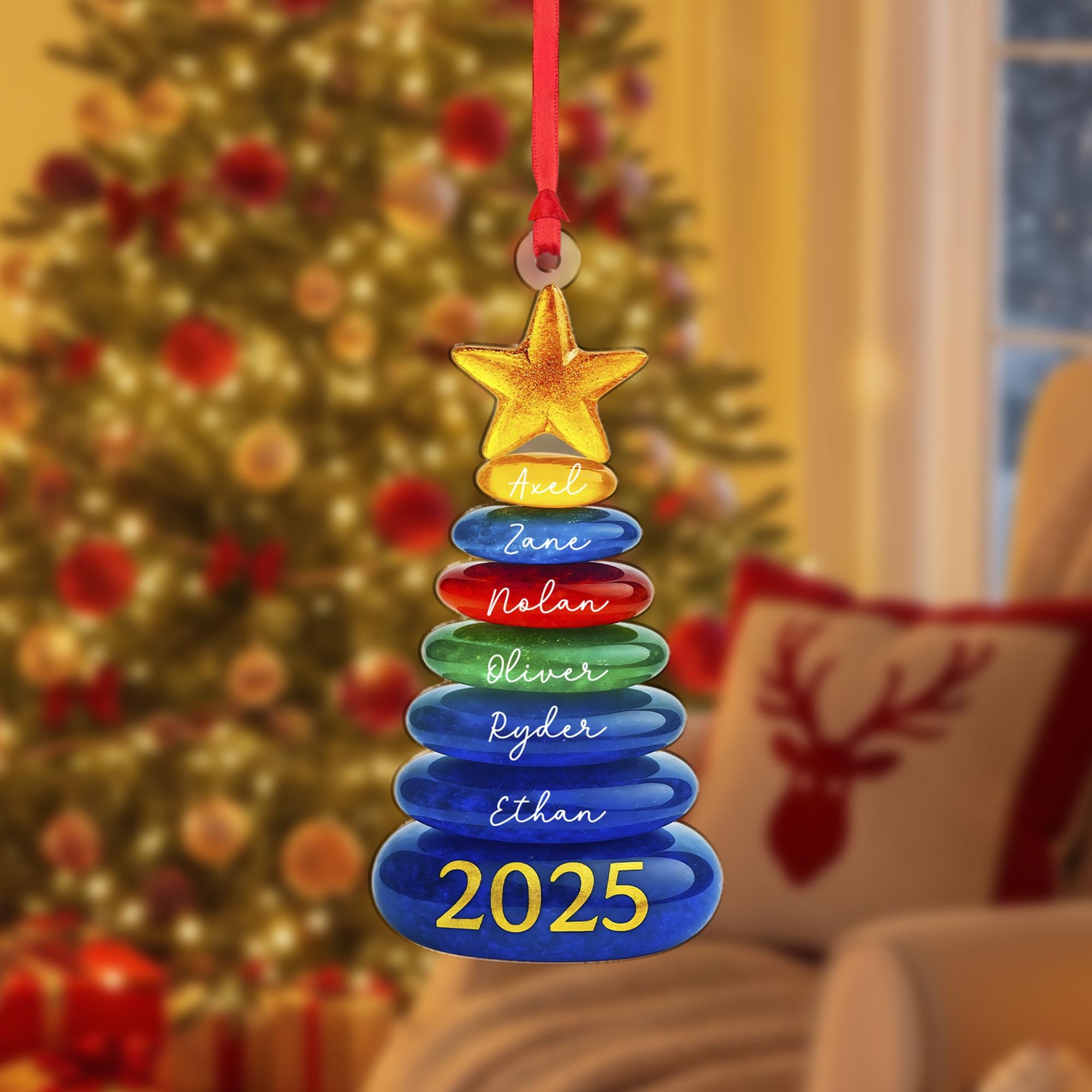 Personalized Christmas Tree Stone Ornament, Stacked Stones with Star, Custom Names and Year