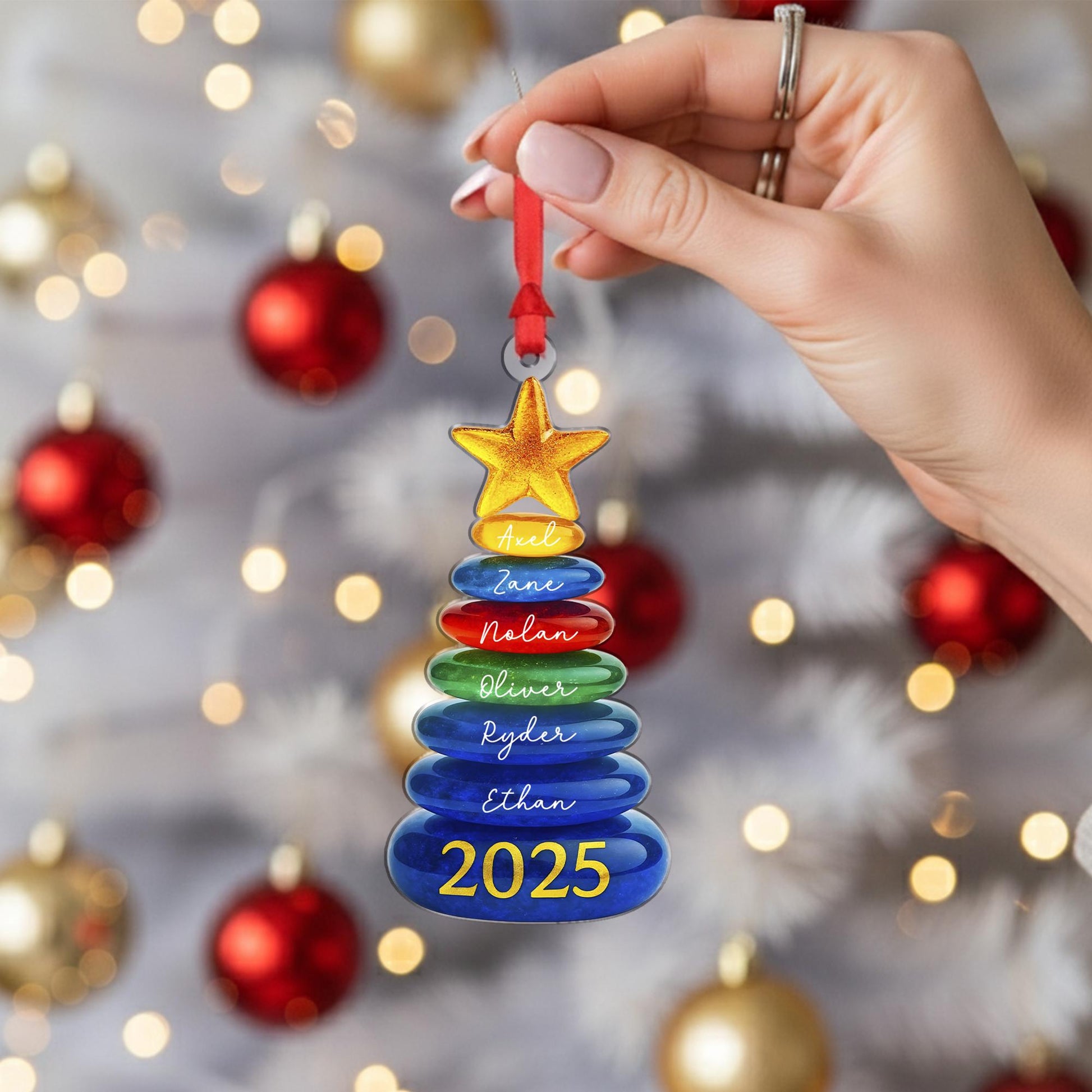 Personalized Christmas Tree Stone Ornament, Stacked Stones with Star, Custom Names and Year