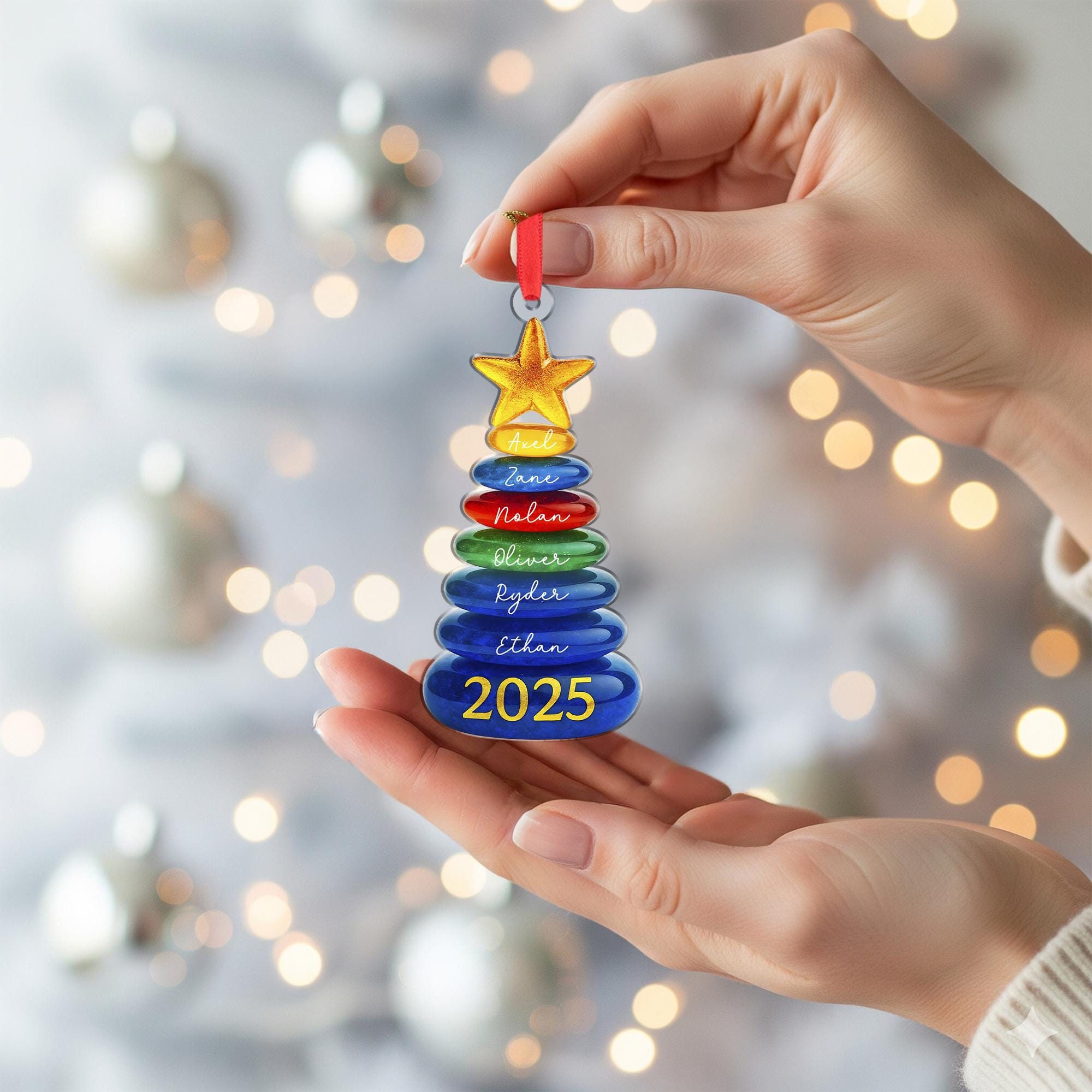 Personalized Christmas Tree Stone Ornament, Stacked Stones with Star, Custom Names and Year