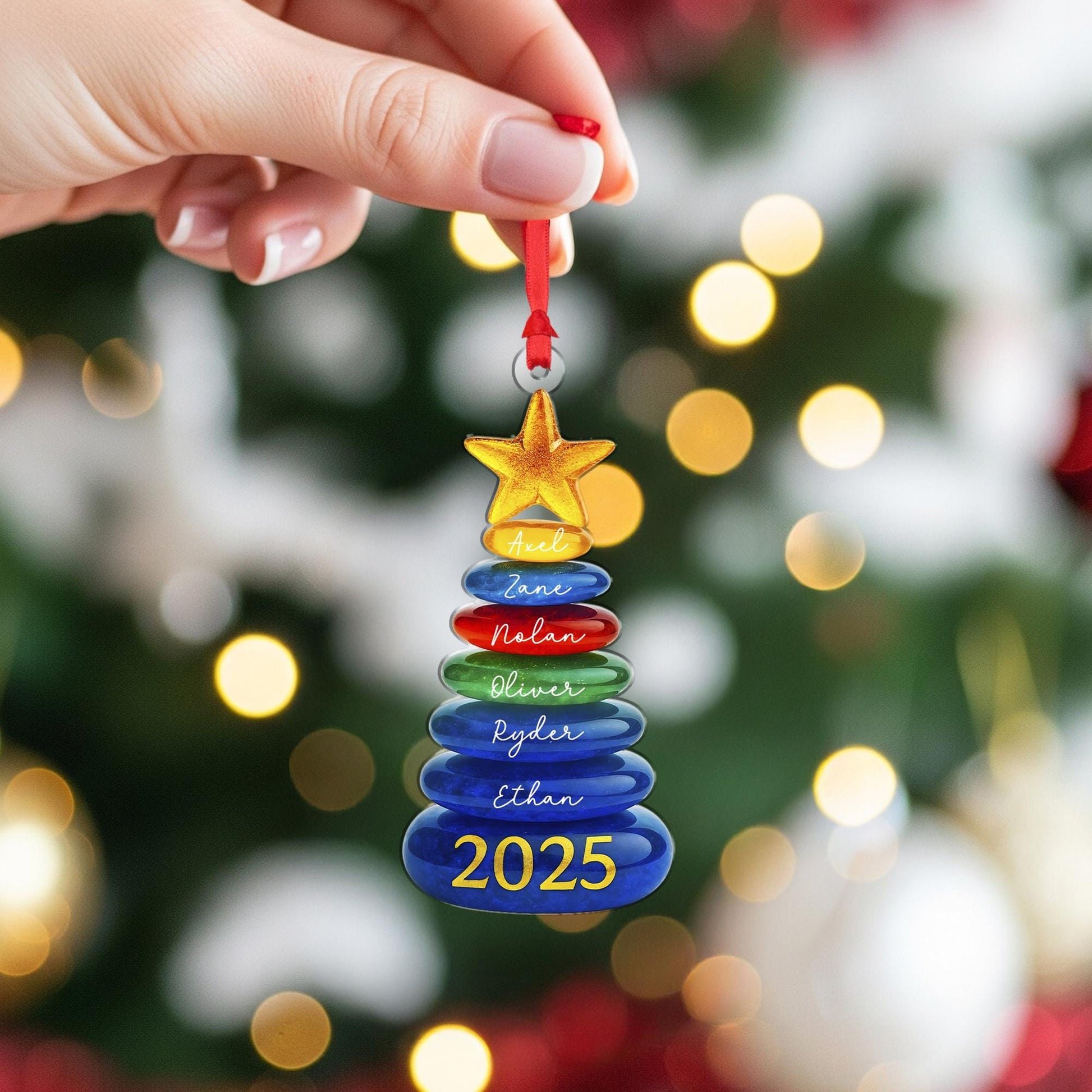 Personalized Christmas Tree Stone Ornament, Stacked Stones with Star, Custom Names and Year