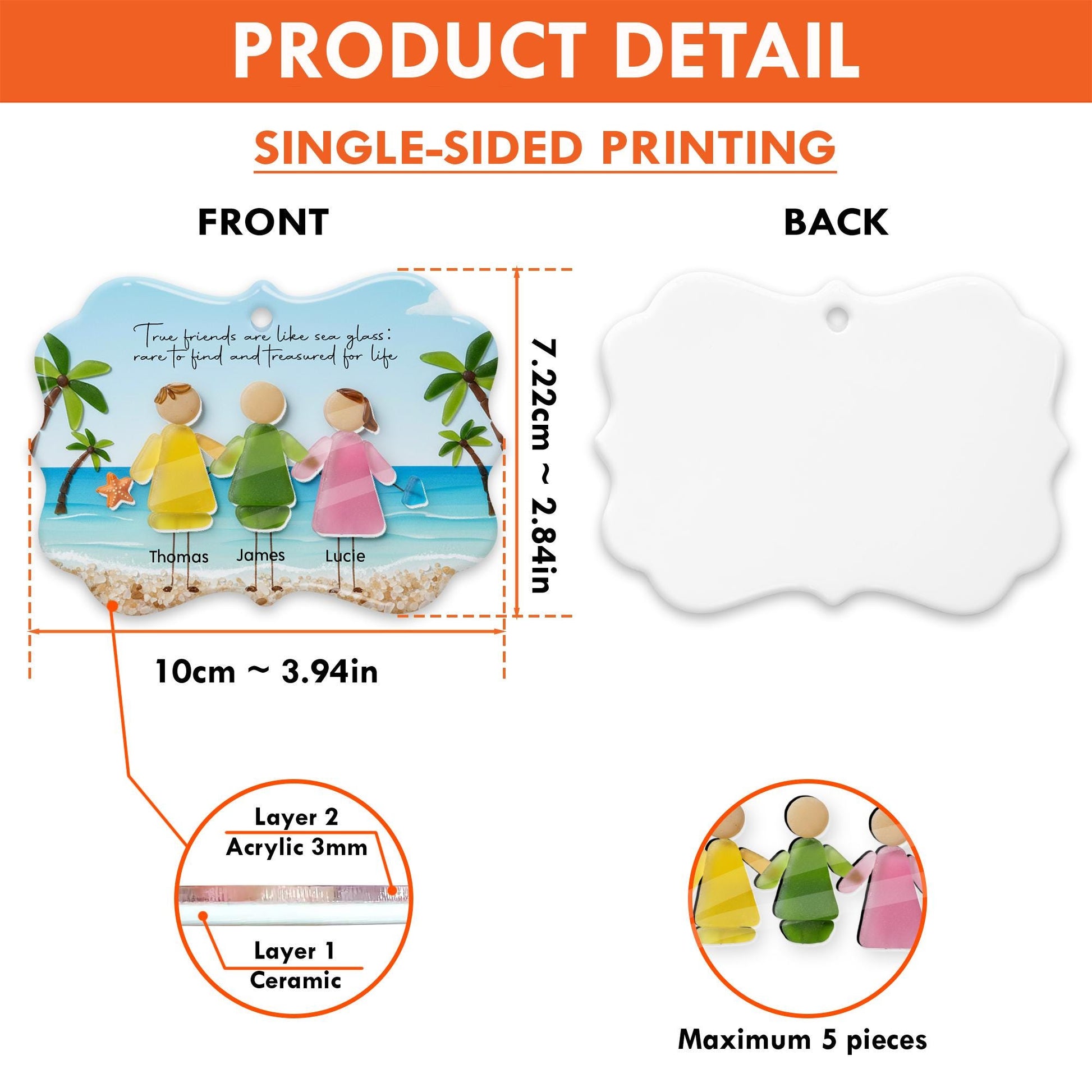 Custom Friends Ceramic Ornament with Acrylic Accent: Beach Scene Personalized Summer Decor