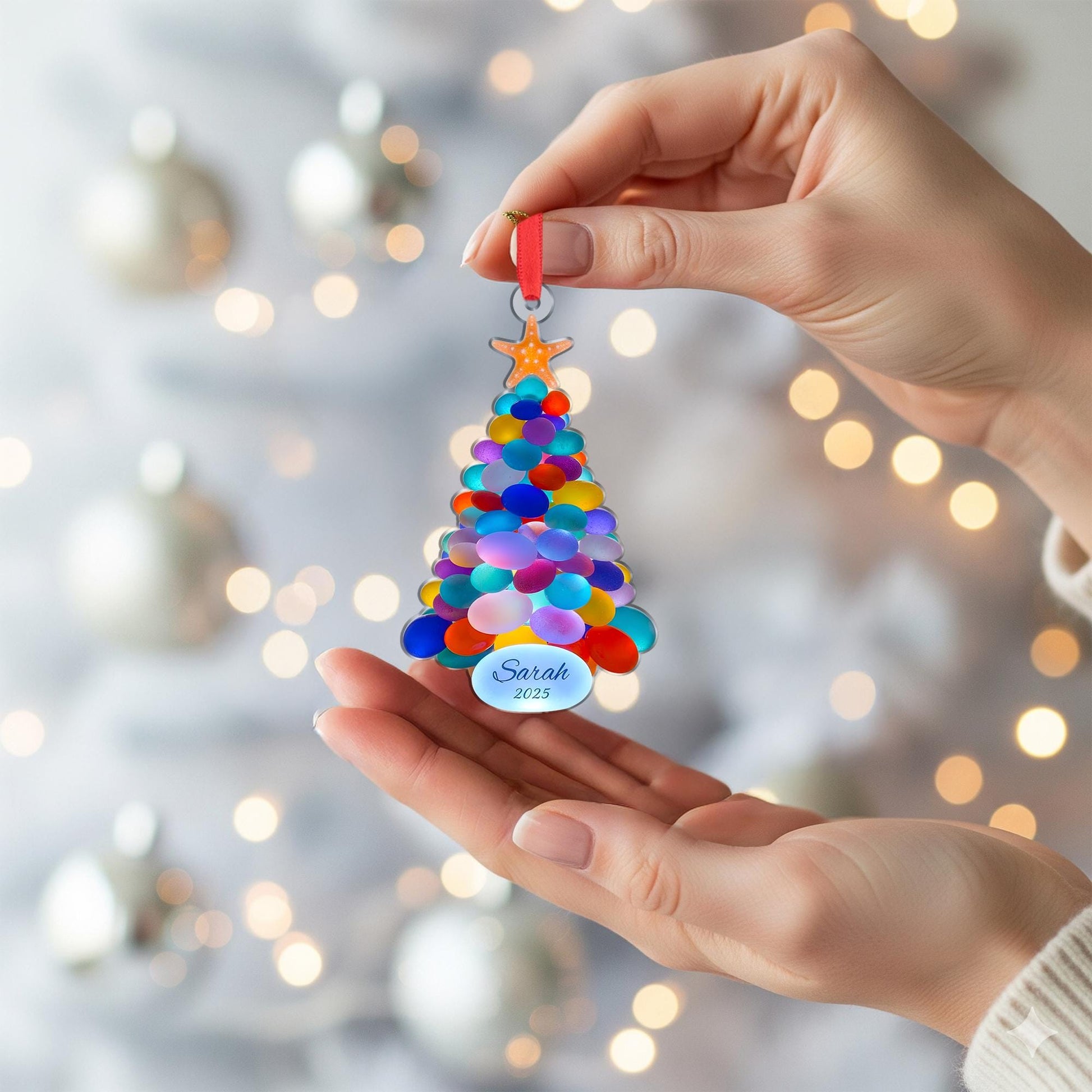 Personalized Christmas Tree Stone Ornament, Custom Name and Year