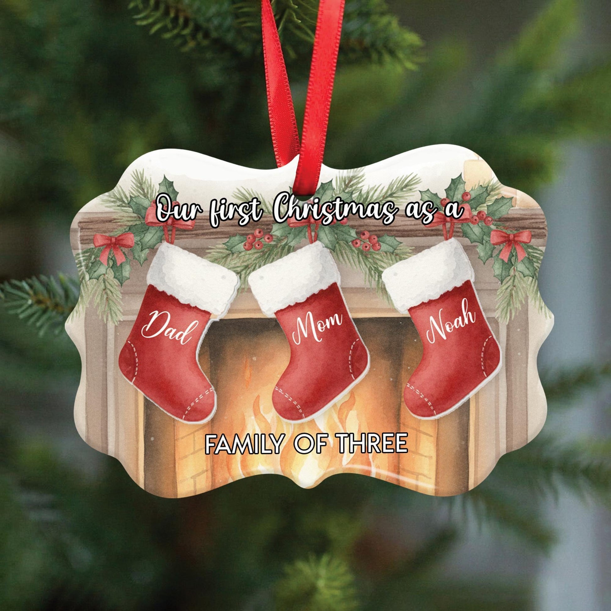 Ceramic Christmas Ornament – “Our First Christmas as a Family” Stocking Design, Single-Sided Print, Acrylic Accent