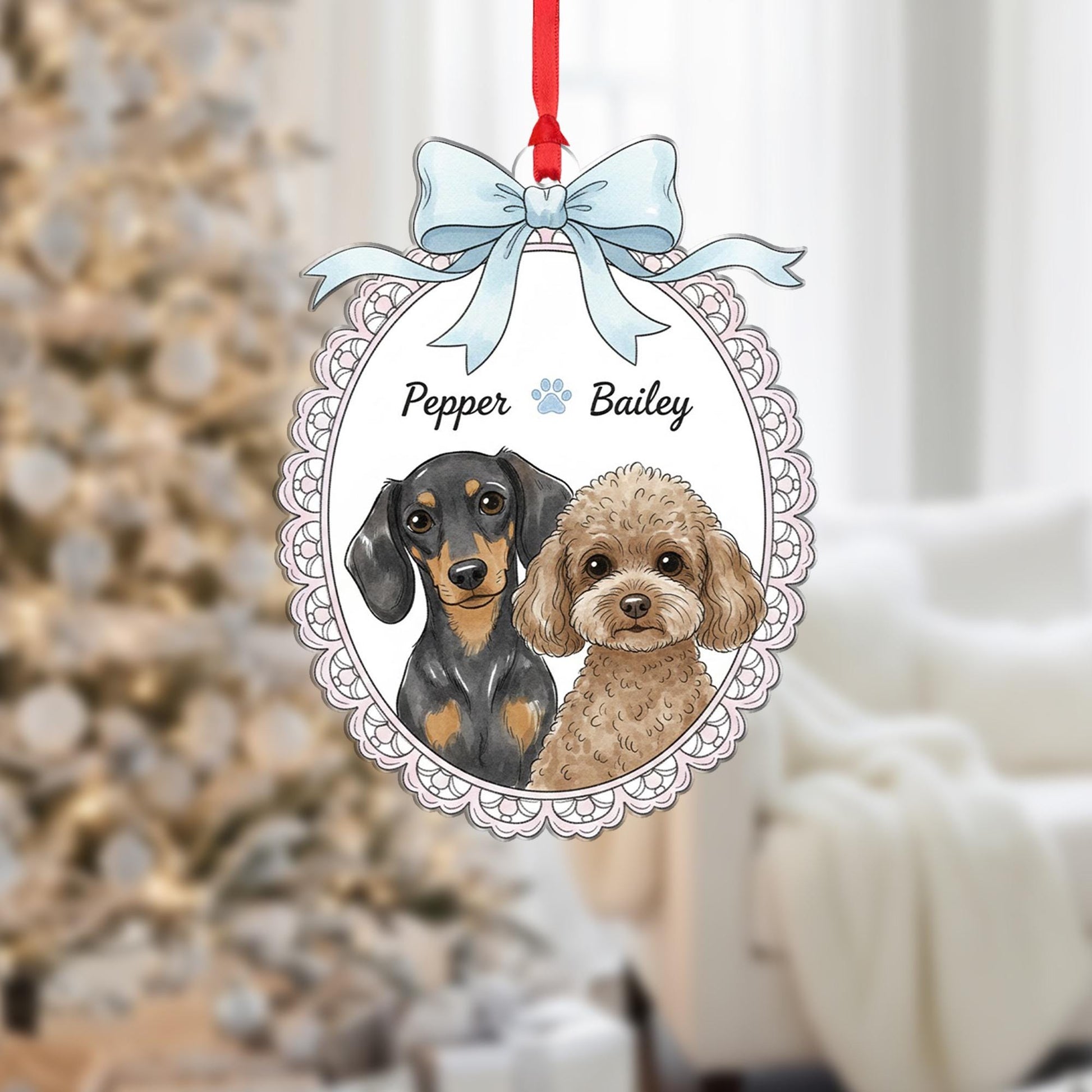 Personalized Dog Portrait Ornament — Hanging Pet Keepsake — Name Customization