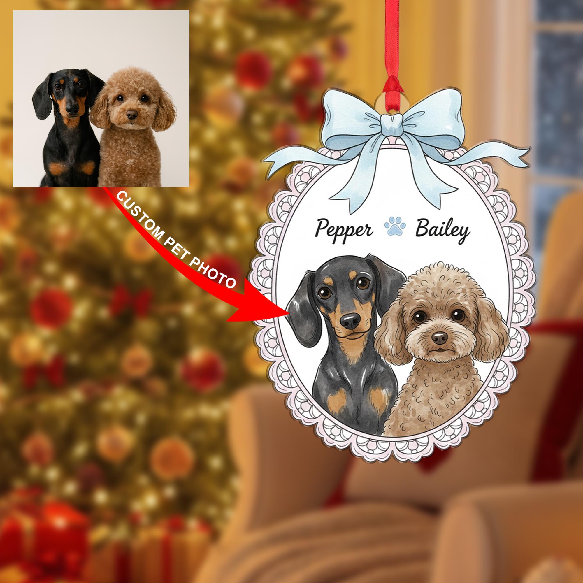 Personalized Dog Portrait Ornament — Hanging Pet Keepsake — Name Customization