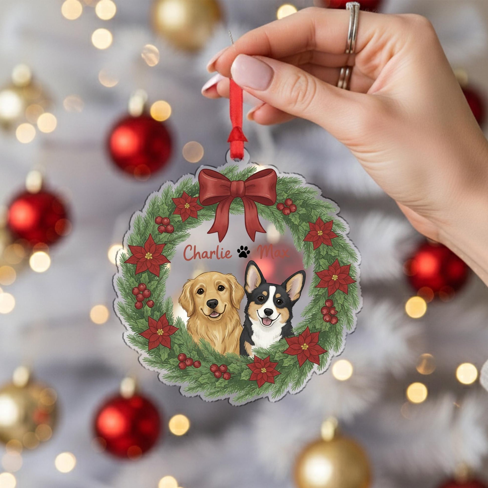 Personalized Pet Portrait Ornament — Hanging Dog Wreath Keepsake