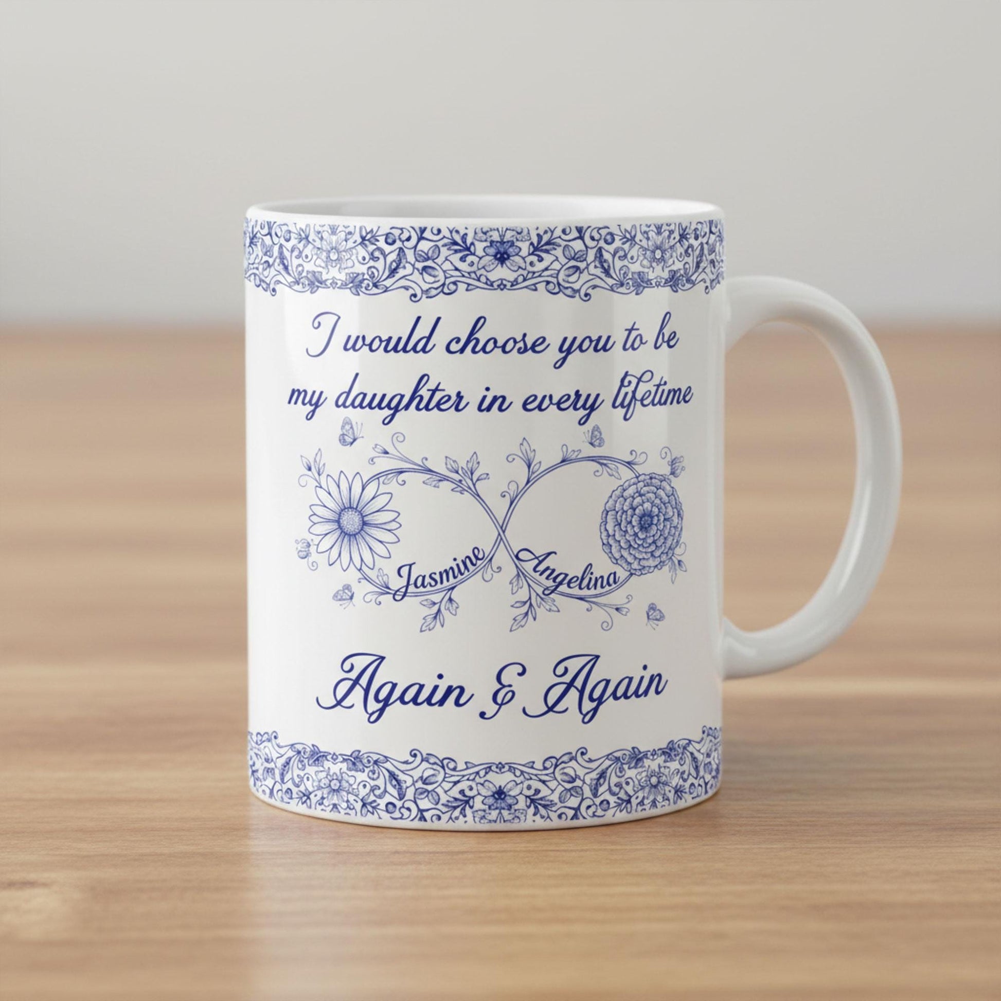 Personalized Daughter Mug: Birth Month Flowers, Toile de Jouy Ceramic Gift