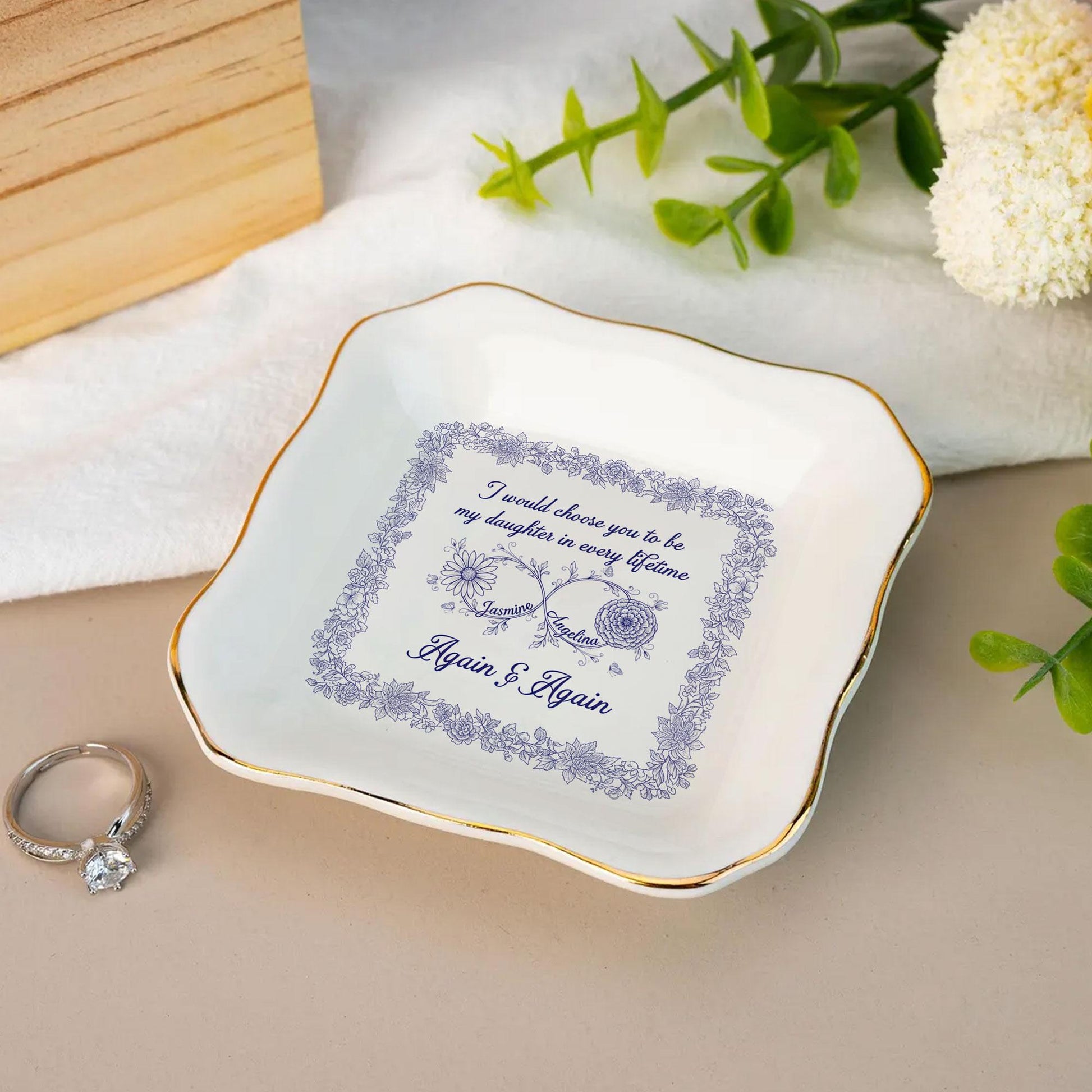 Personalized Birth Month Flower Jewelry Tray - Toile De Jouy Daughter Gift