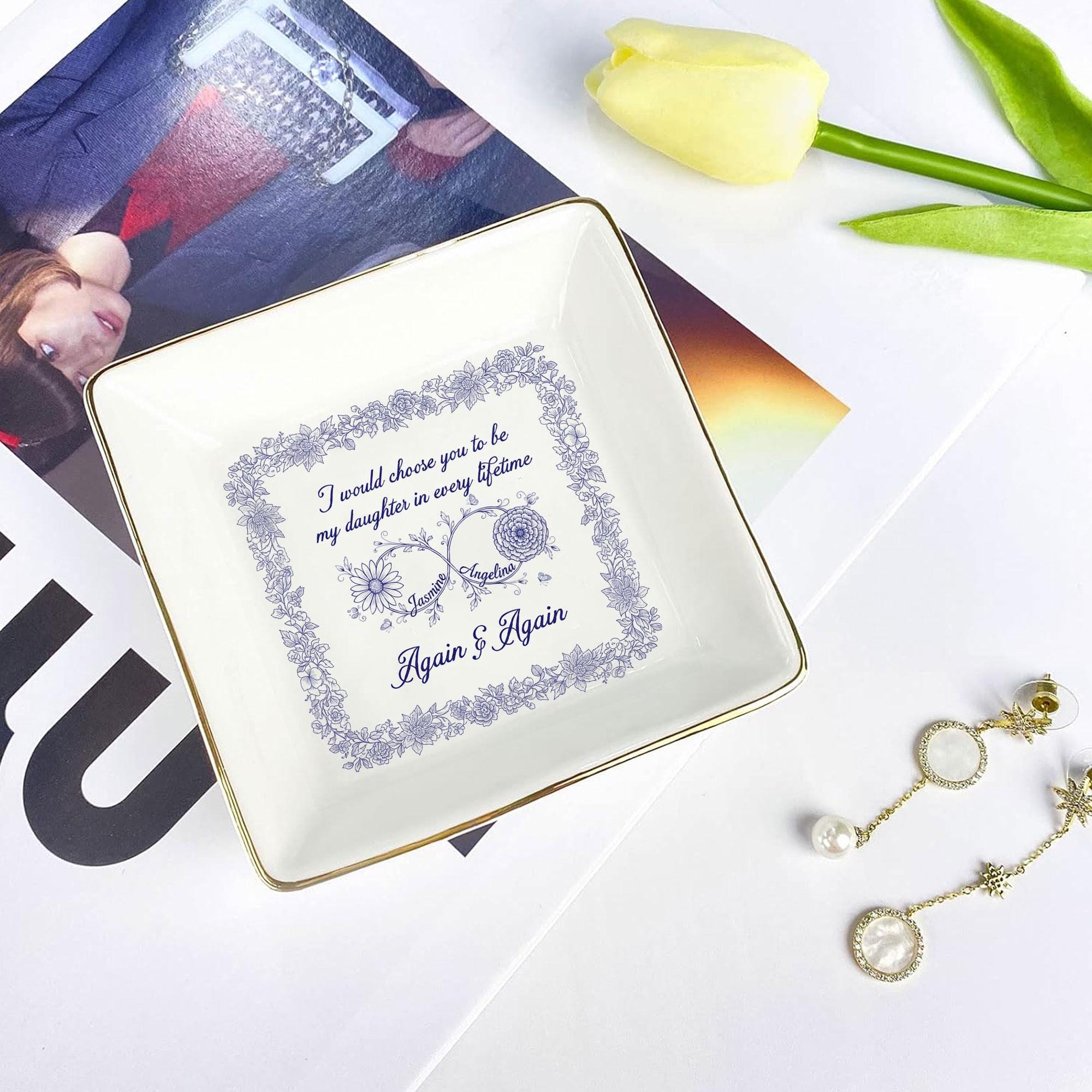 Personalized Birth Month Flower Jewelry Tray - Toile De Jouy Daughter Gift