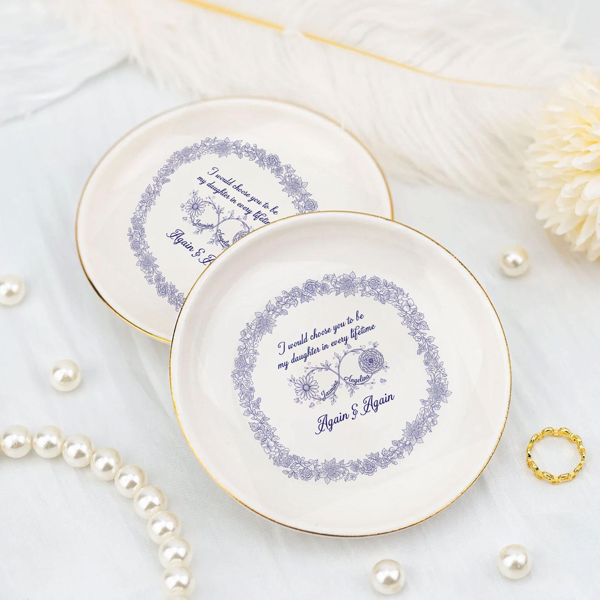 Personalized Birth Month Flower Jewelry Tray - Toile De Jouy Daughter Gift