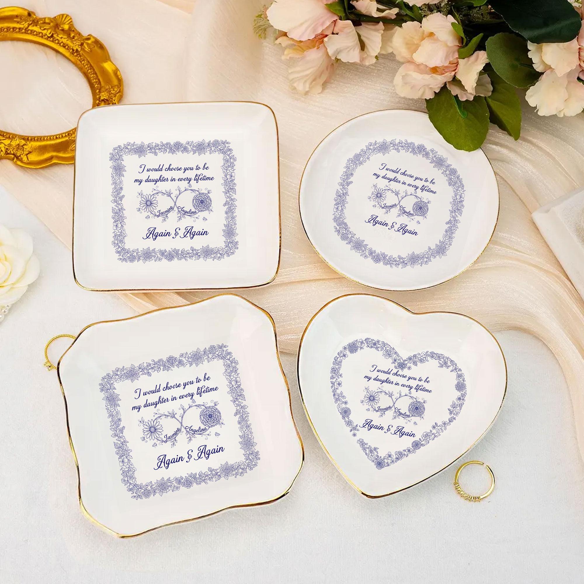 Personalized Birth Month Flower Jewelry Tray - Toile De Jouy Daughter Gift