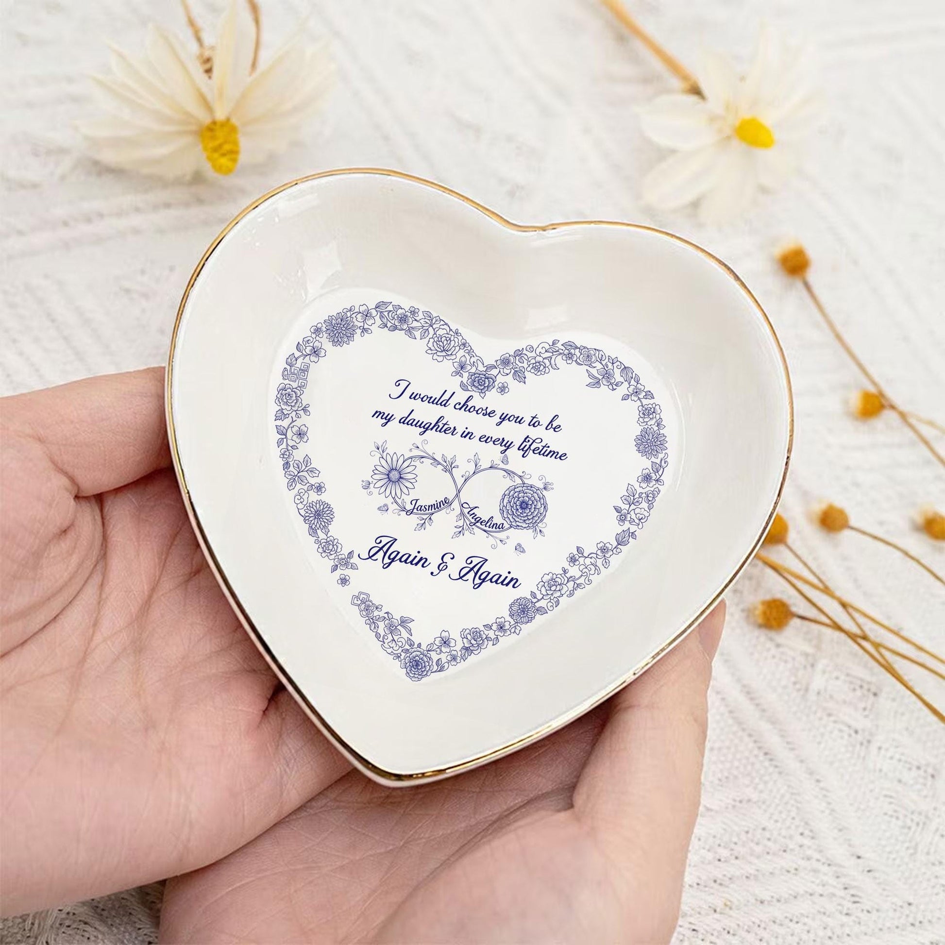 Personalized Birth Month Flower Jewelry Tray - Toile De Jouy Daughter Gift