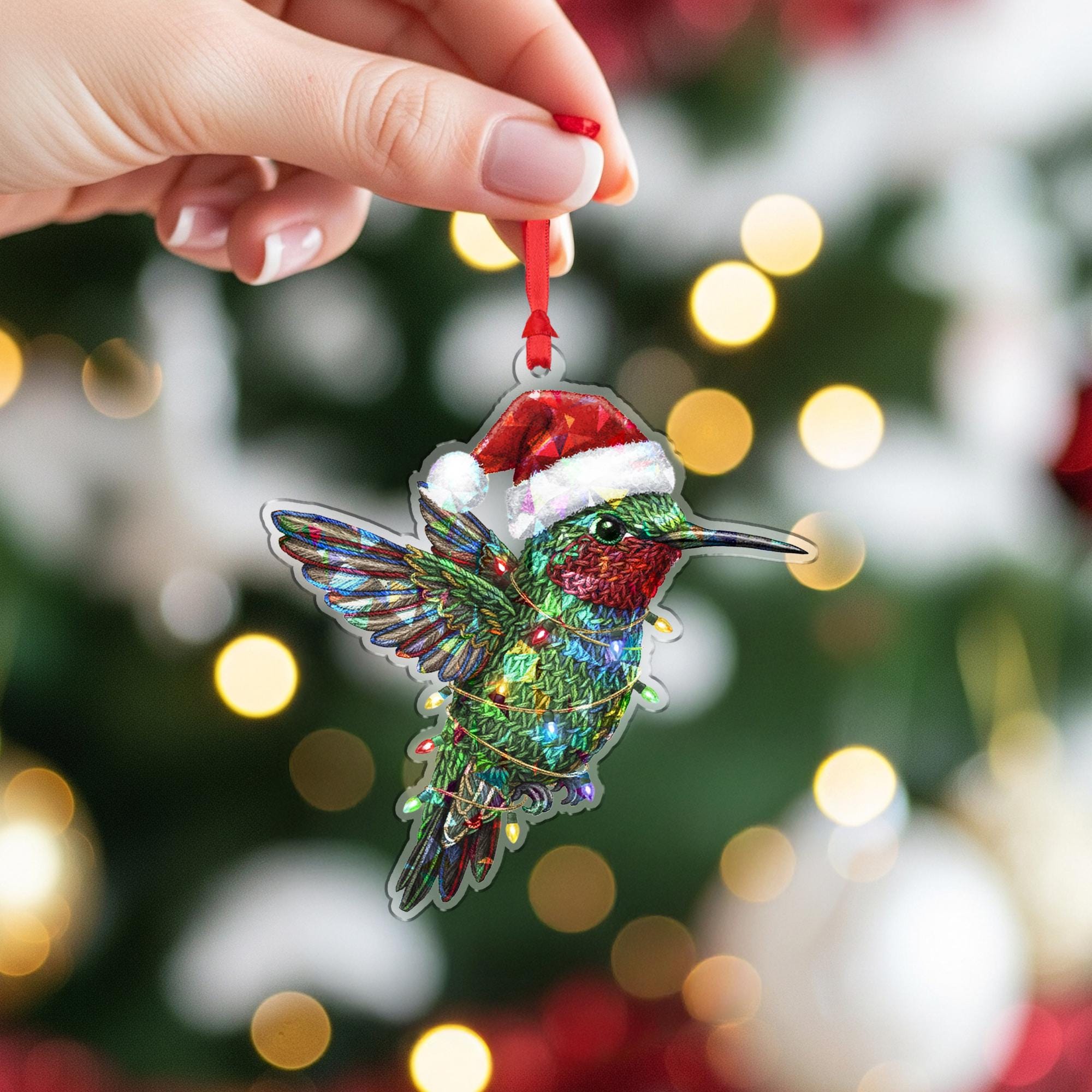 Holographic Hummingbird Ornament – Acrylic Bird Decoration with Santa Hat and Light Detail image 3