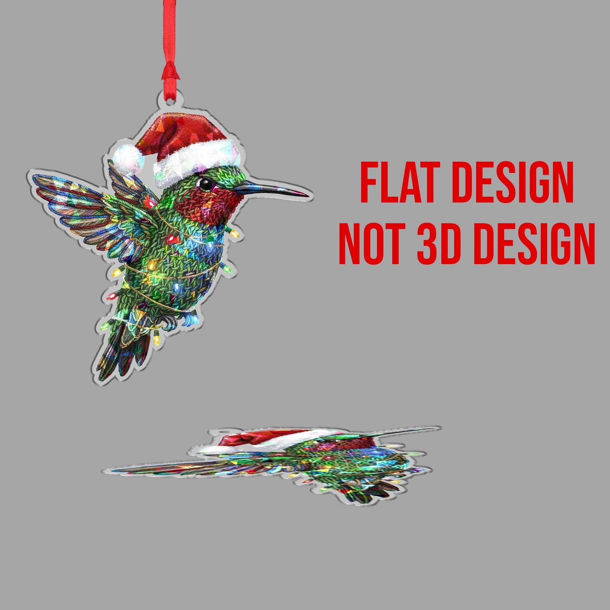 Holographic Hummingbird Ornament – Acrylic Bird Decoration with Santa Hat and Light Detail image 5