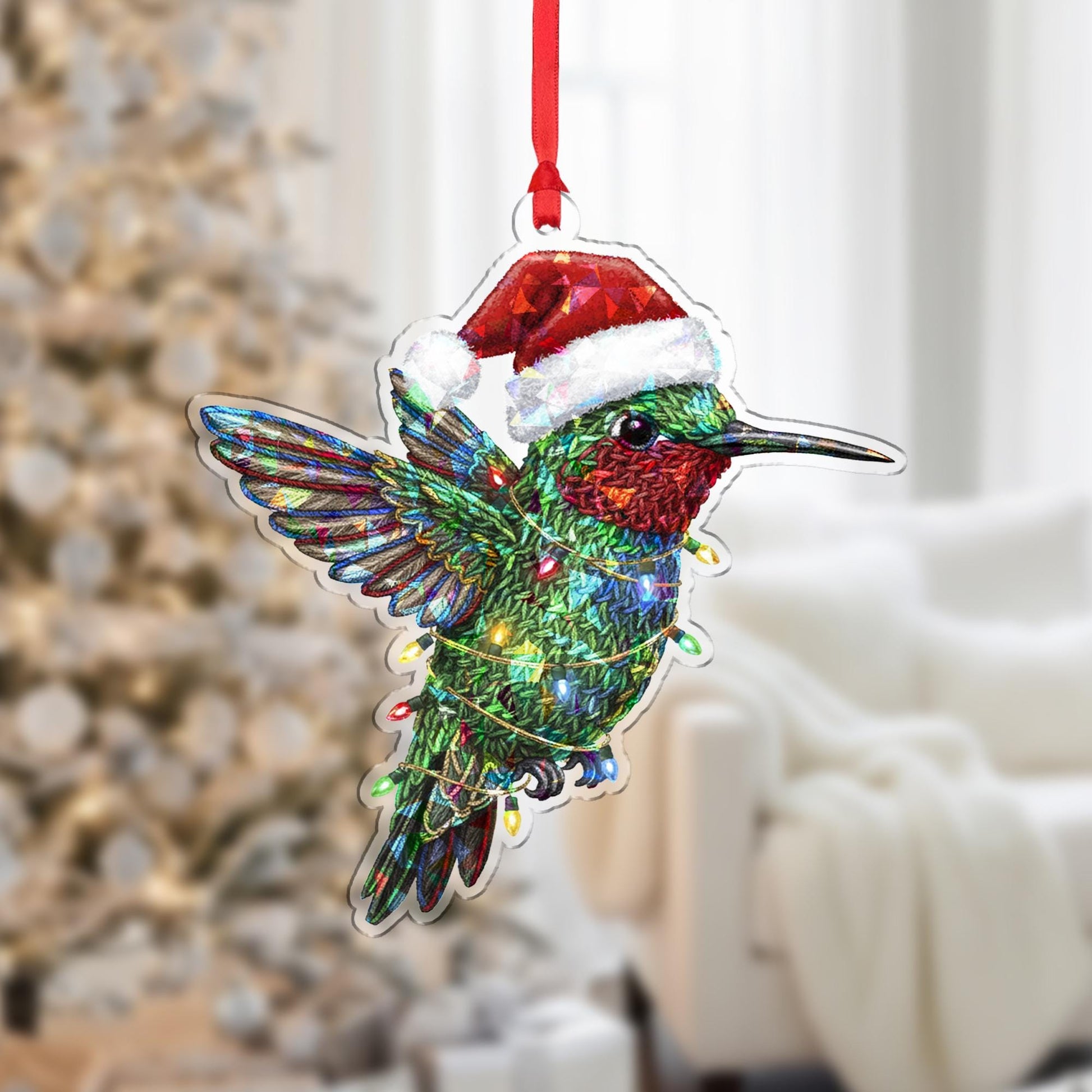 Holographic Hummingbird Ornament – Acrylic Bird Decoration with Santa Hat and Light Detail image 7