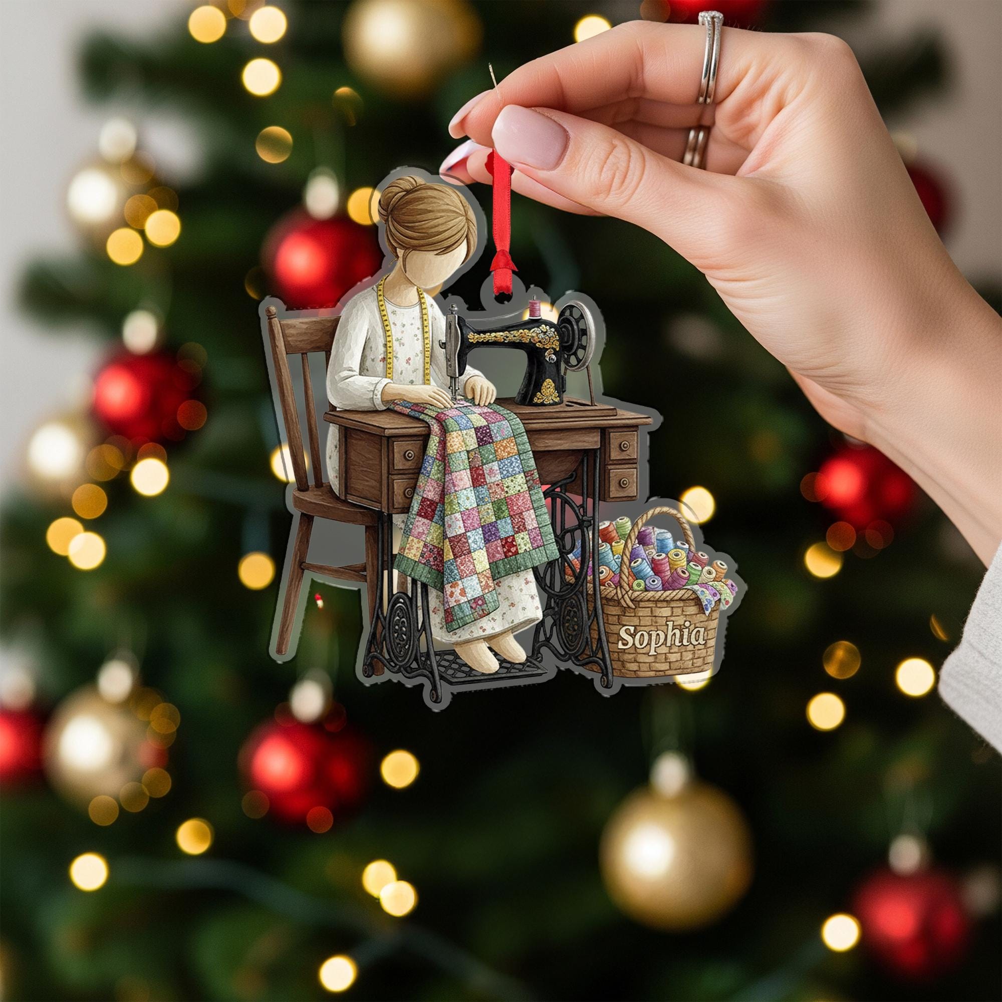 Personalized Sewing Ornament – Quilter Design with Vintage Machine and Custom Name Basket image 2