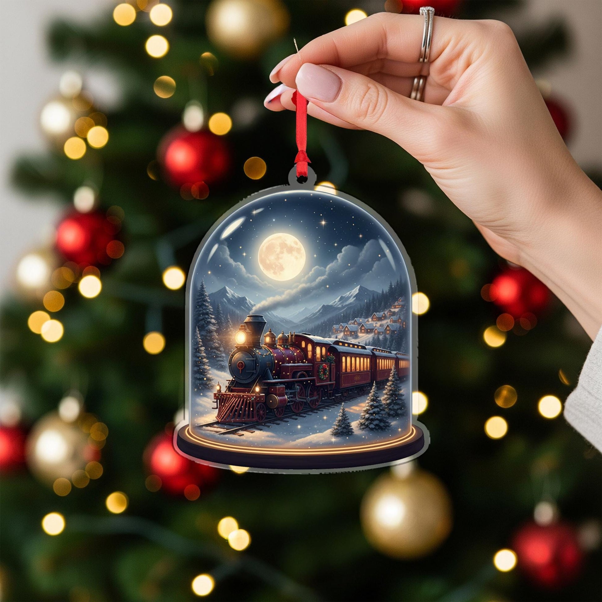 Acrylic Train Ornament – Christmas Locomotive Design Under Dome with Moonlight Scene image 2
