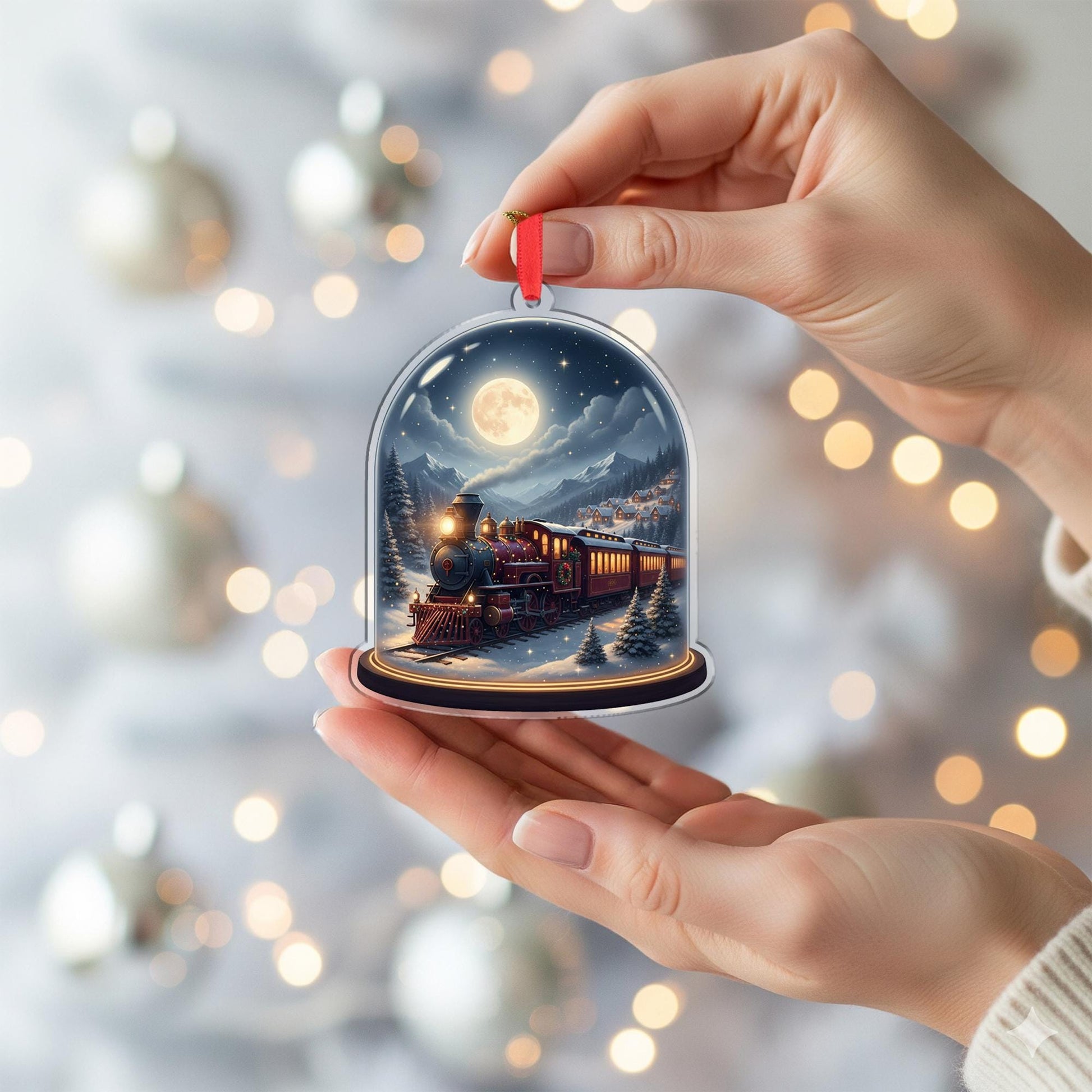Acrylic Train Ornament – Christmas Locomotive Design Under Dome with Moonlight Scene image 5