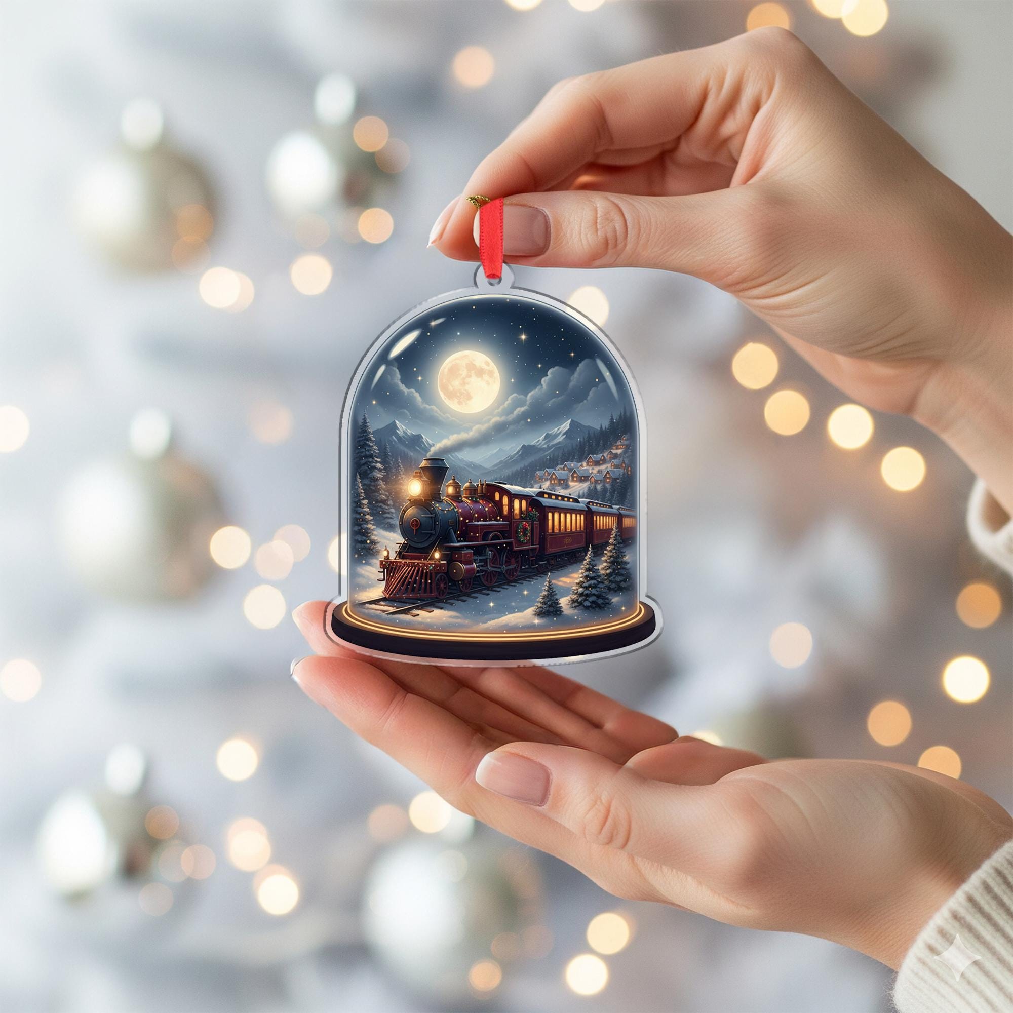 Acrylic Train Ornament – Christmas Locomotive Design Under Dome with Moonlight Scene image 5