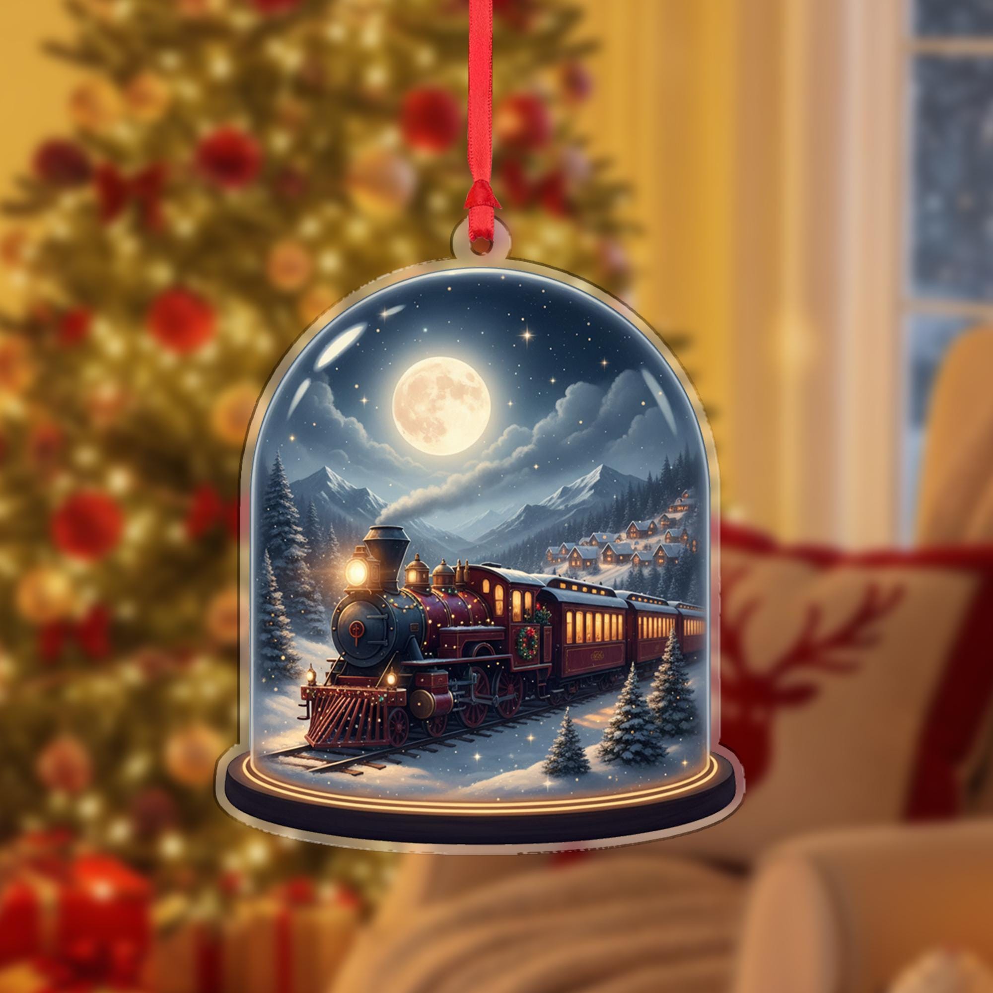 Acrylic Train Ornament – Christmas Locomotive Design Under Dome with Moonlight Scene image 1