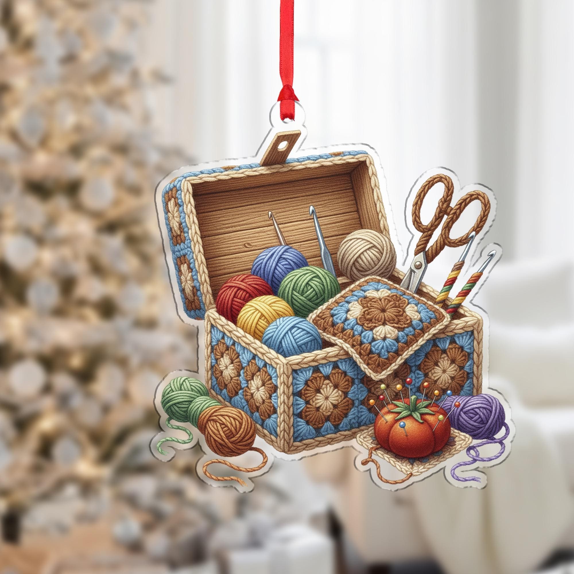 Acrylic Crochet Box Ornament – Yarn and Sewing Supply Design with Detailed Tools image 2