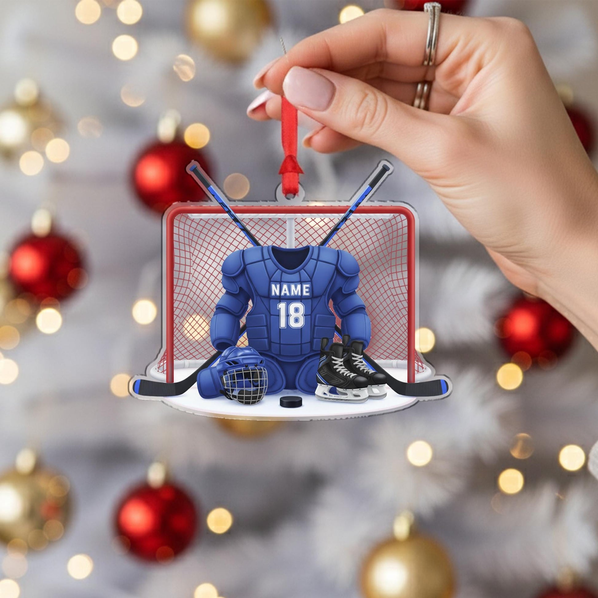 Personalized Acrylic Hockey Ornament – Goalie Gear Design with Net and Skates image 2