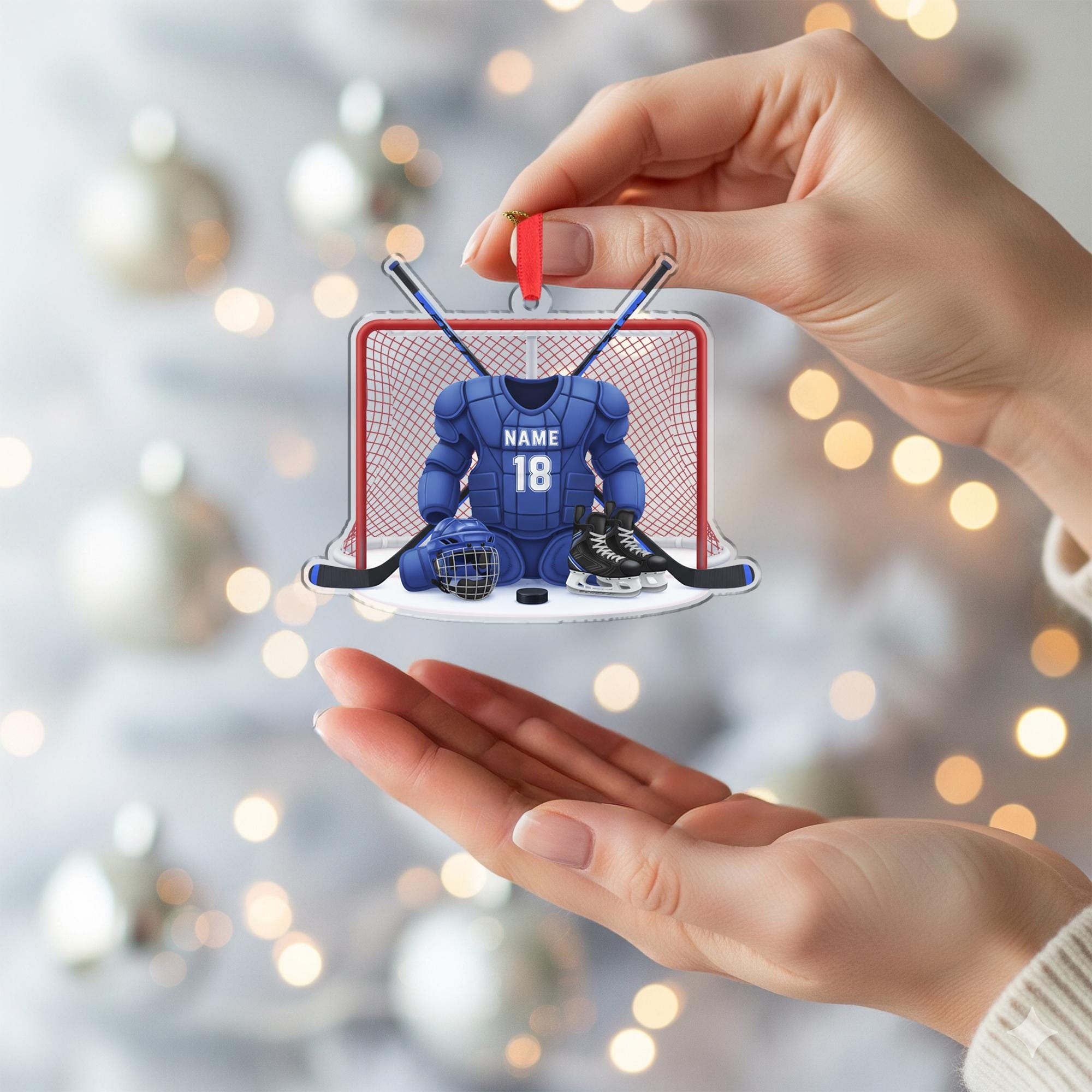 Personalized Acrylic Hockey Ornament – Goalie Gear Design with Net and Skates image 4