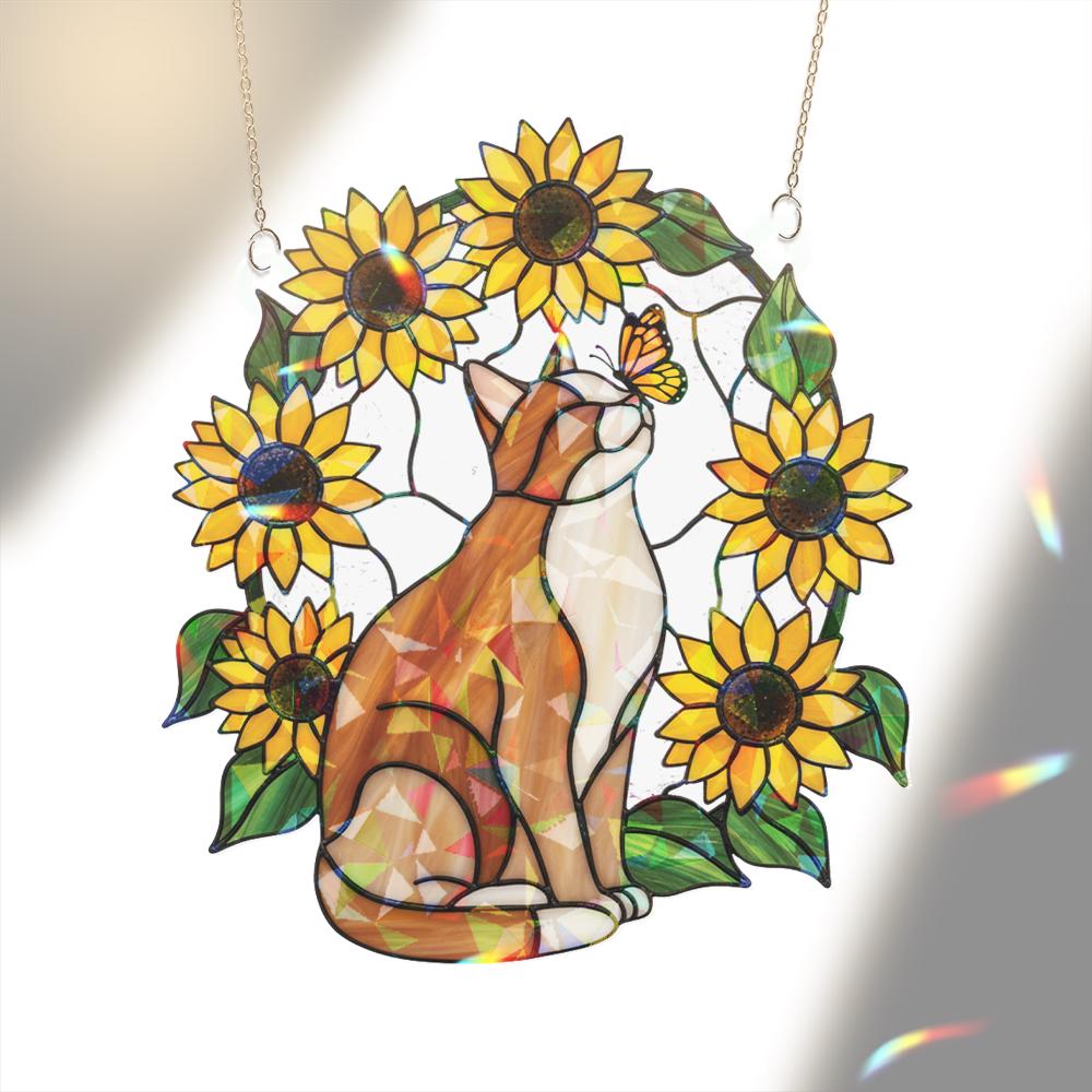Cat and Sunflower Window Hanging – Orange White Cat with Butterfly Decoration image 4