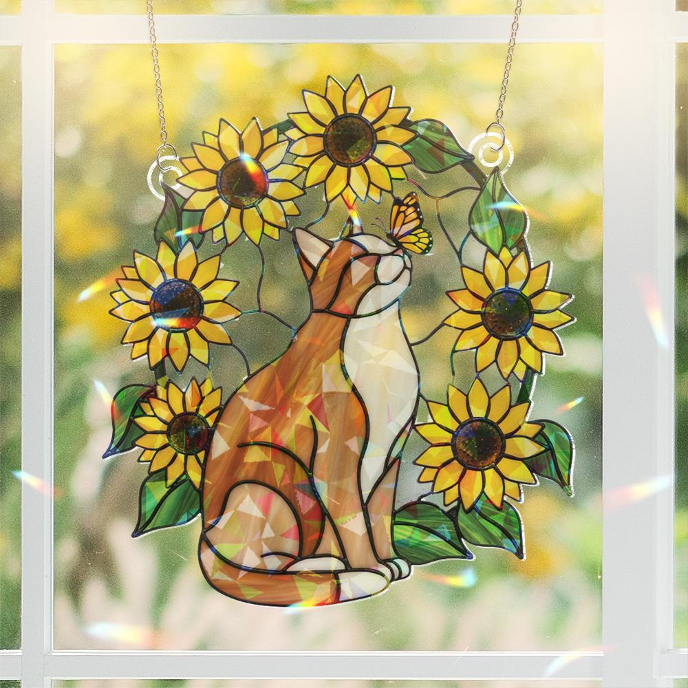 Cat and Sunflower Window Hanging – Orange White Cat with Butterfly Decoration image 5