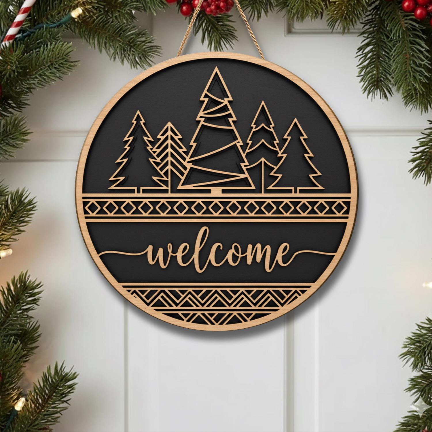 Wooden Welcome Door Sign – Rustic Forest Tree Round Hanging Home Decor image 1