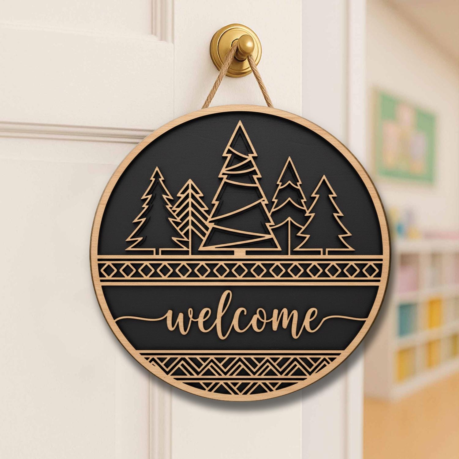 Wooden Welcome Door Sign – Rustic Forest Tree Round Hanging Home Decor image 3