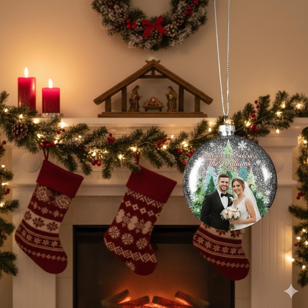 Custom Wedding Photo Glitter Ornament: Personalized Couple Plastic Bauble image 5