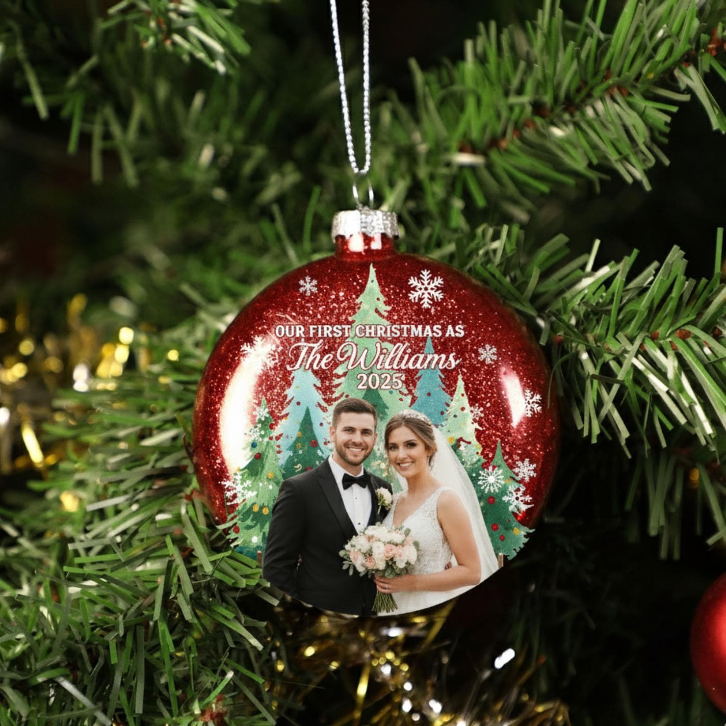 Custom Wedding Photo Glitter Ornament: Personalized Couple Plastic Bauble image 1
