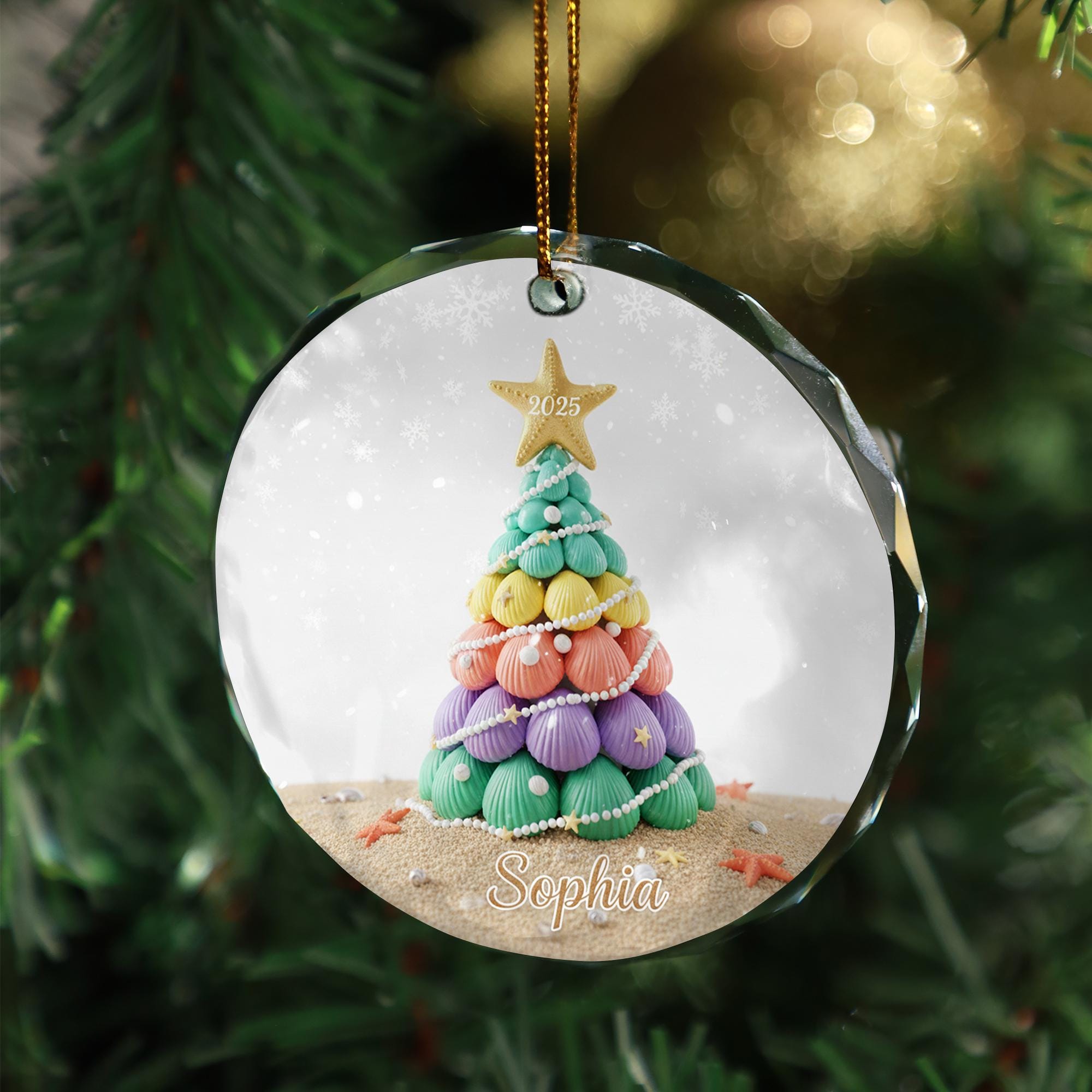 Personalized Glass Ornament: Coastal Seashell Tree, Beach Decor, Custom Name image 2