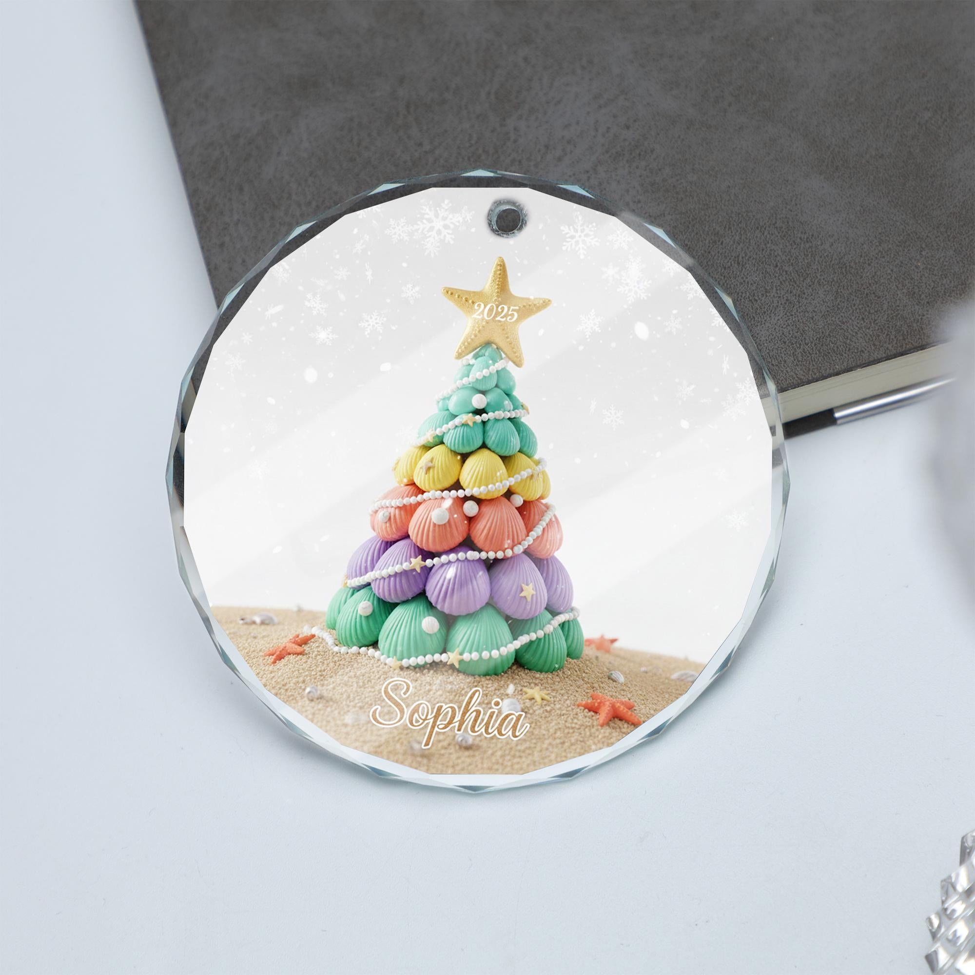 Personalized Glass Ornament: Coastal Seashell Tree, Beach Decor, Custom Name image 1