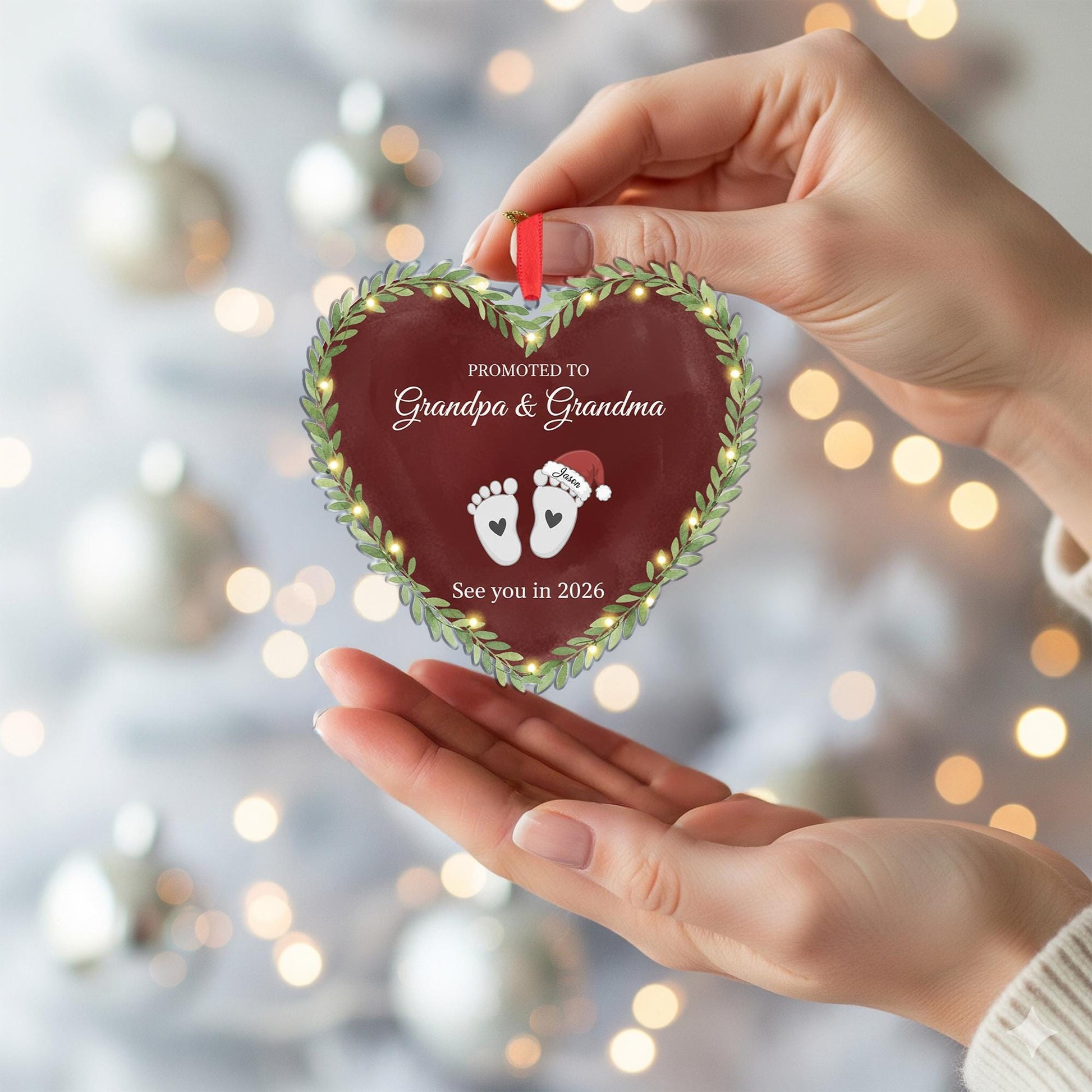 Heart-Shaped Acrylic Ornament: Grandparents Pregnancy Announcement, Baby Footprints, Custom Name & Year image 4