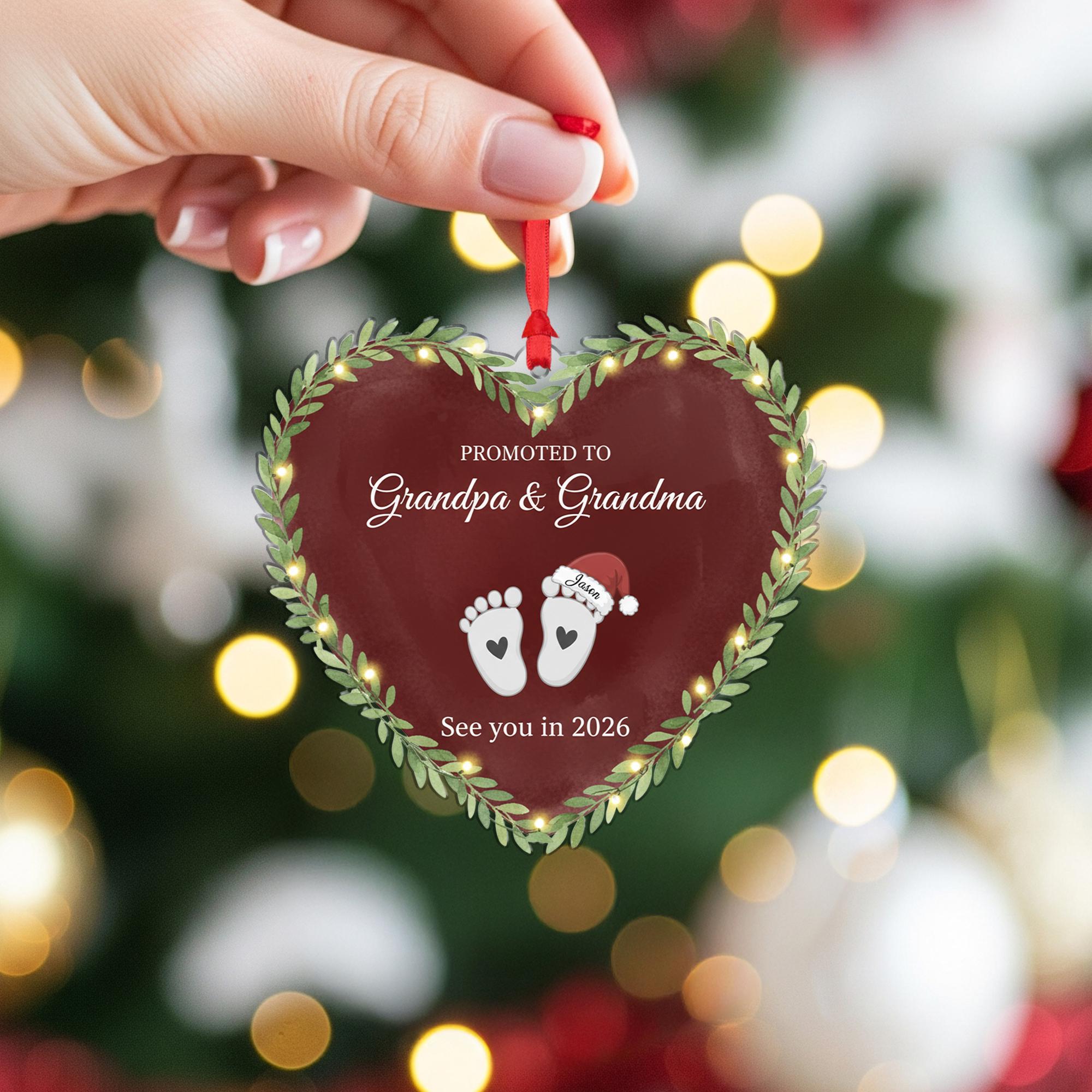 Heart-Shaped Acrylic Ornament: Grandparents Pregnancy Announcement, Baby Footprints, Custom Name & Year image 5