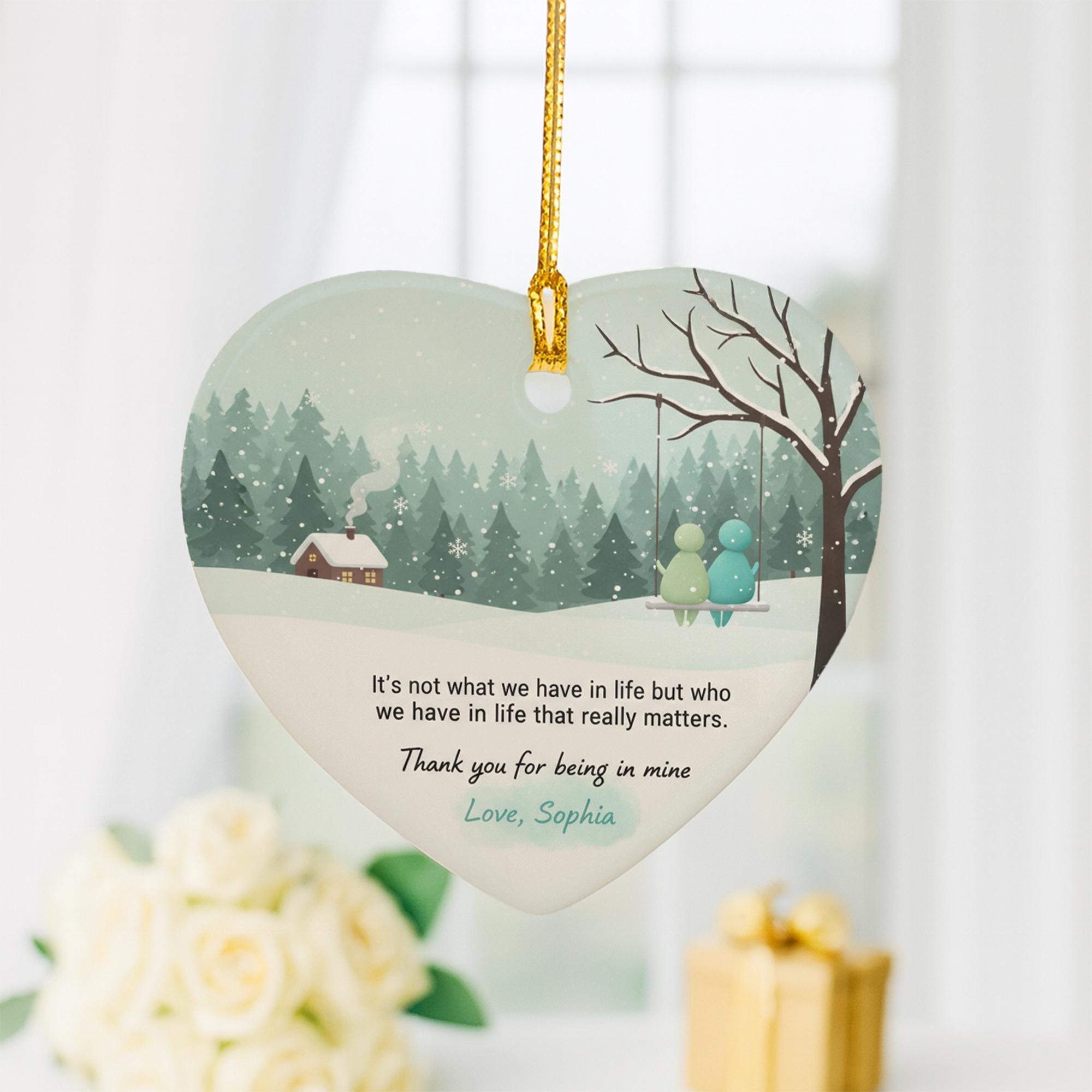 Personalized Ceramic Heart Ornament: Winter Scene with Quote, Couple on Swing, Custom Name image 4