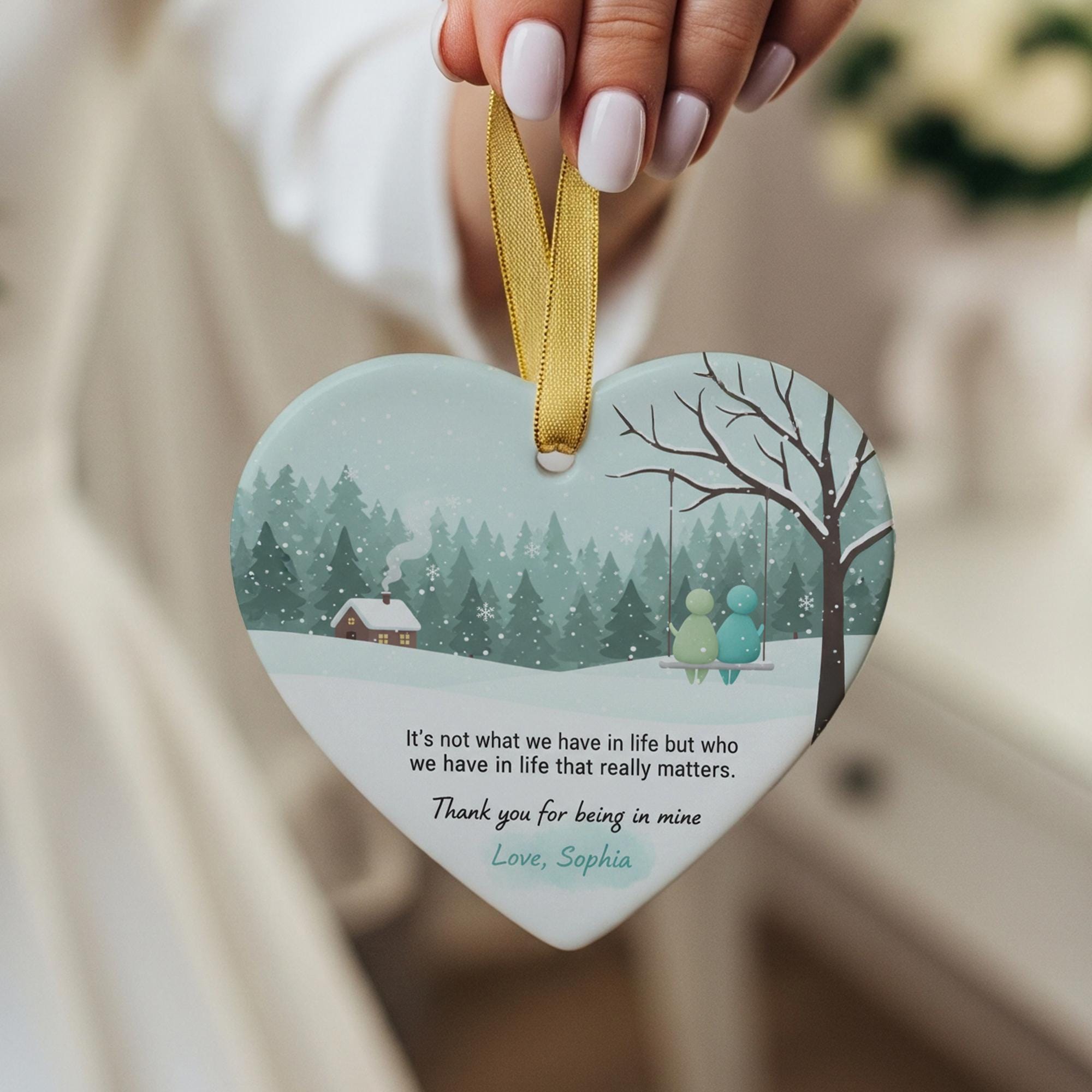 Personalized Ceramic Heart Ornament: Winter Scene with Quote, Couple on Swing, Custom Name image 2