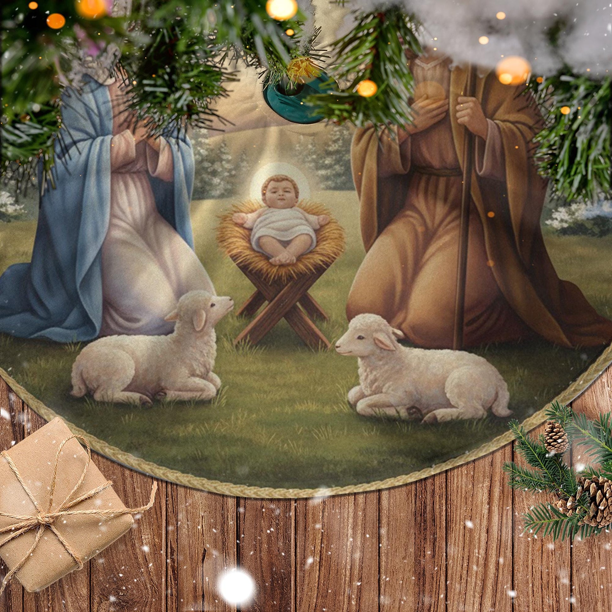 Nativity Scene Christmas Tree Skirt – Holy Family Design, Blue & Gold Border image 1