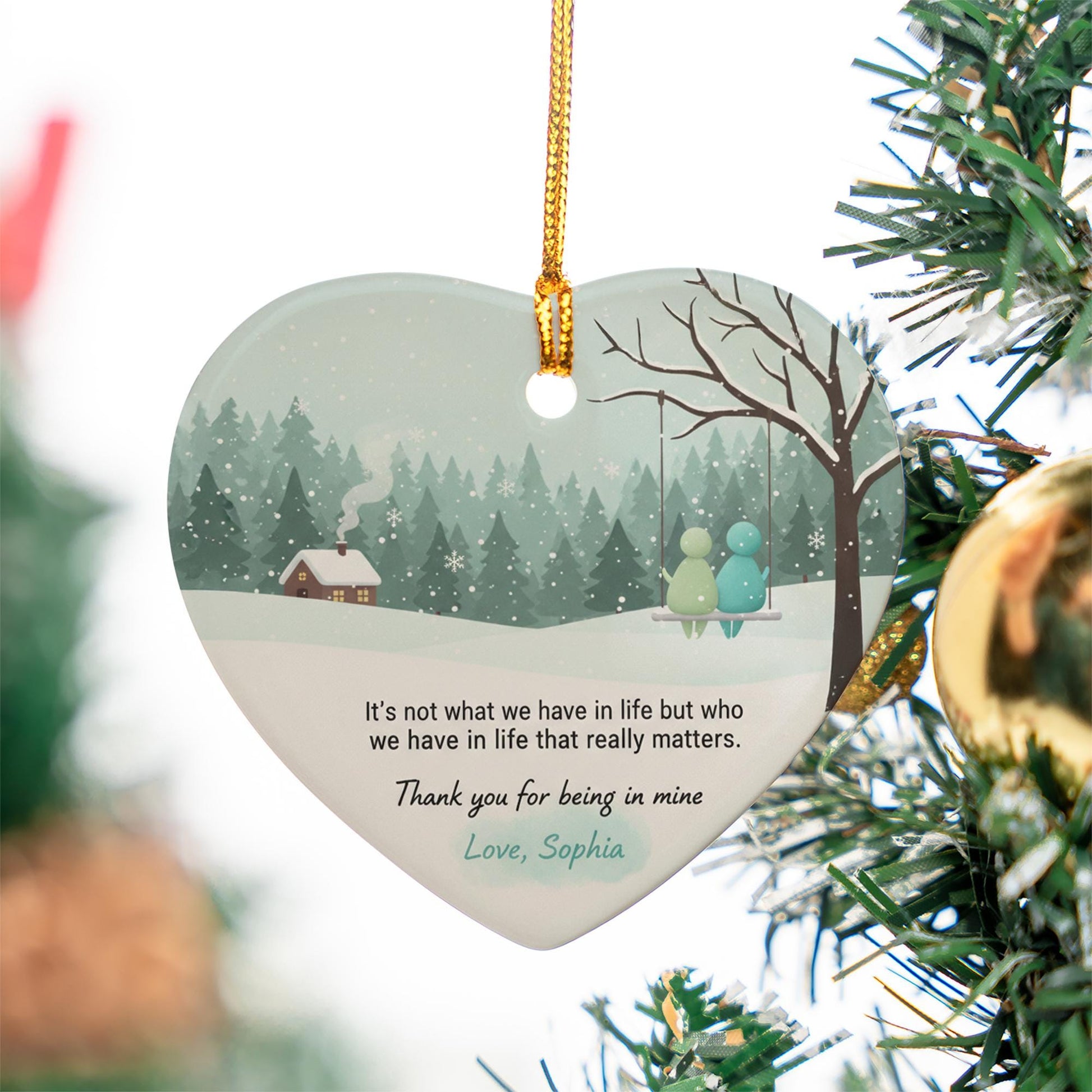 Personalized Ceramic Heart Ornament: Winter Scene with Quote, Couple on Swing, Custom Name image 10