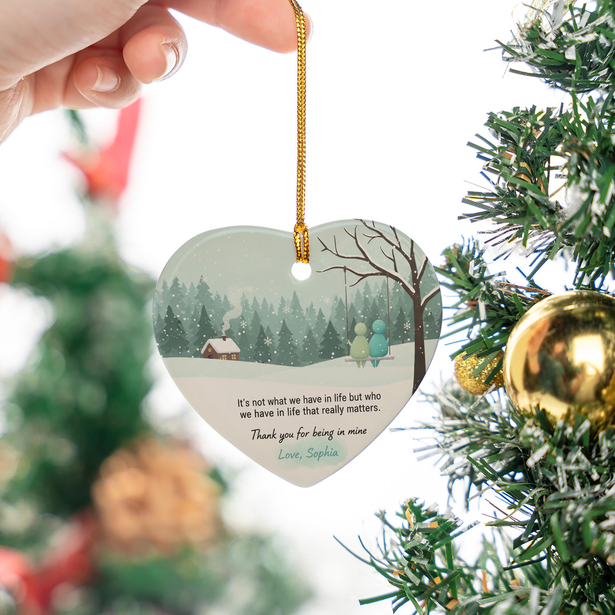 Personalized Ceramic Heart Ornament: Winter Scene with Quote, Couple on Swing, Custom Name image 7