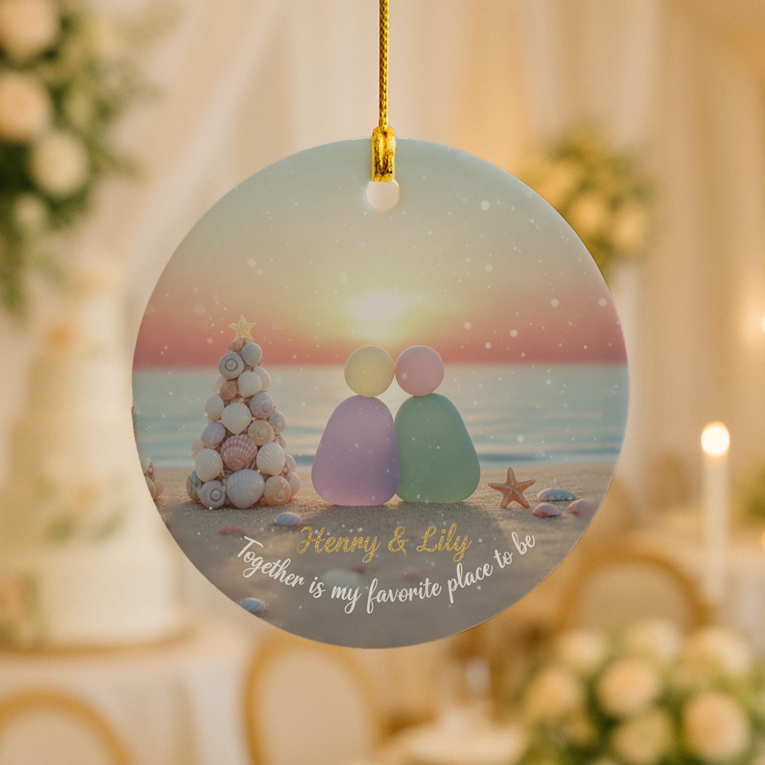 Personalized Ceramic Ornament: Sea Glass Couple, Beach Sunset, Seashell Tree, Custom Names image 4