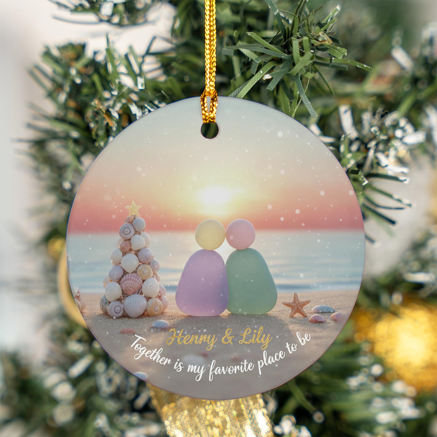 Personalized Ceramic Ornament: Sea Glass Couple, Beach Sunset, Seashell Tree, Custom Names image 1